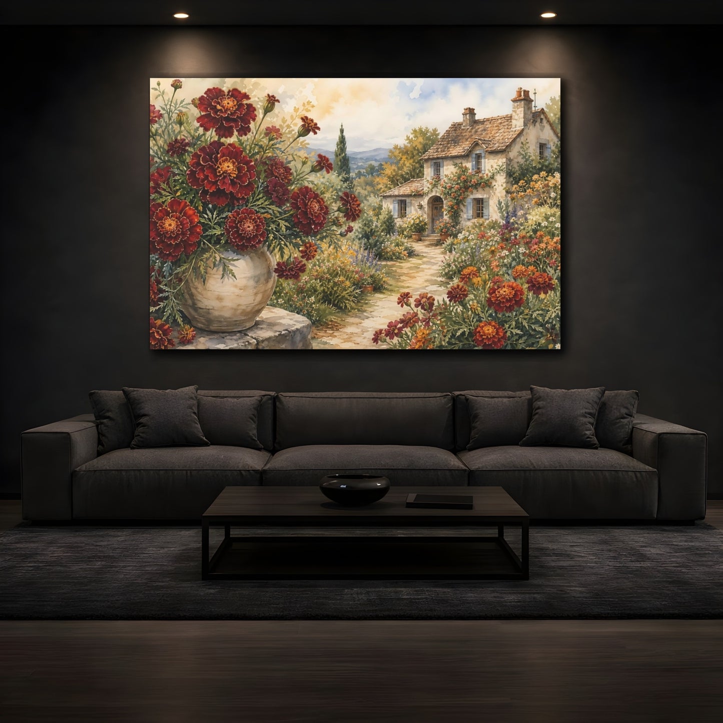 Mockup 3. Naturalist Gouache Illustration Mixed Burgundy Marigolds Around Cottage Path shown as stretched canvas wall art