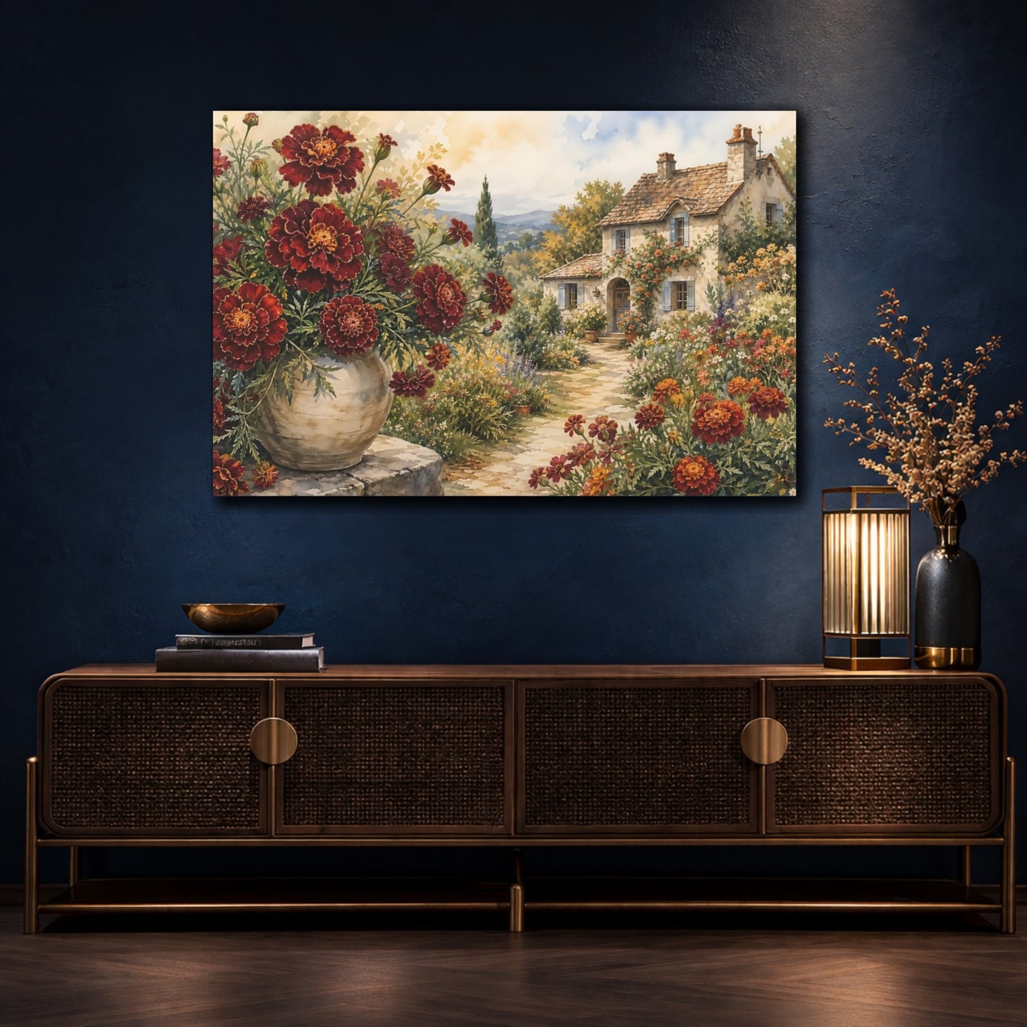 Mockup 4. Naturalist Gouache Illustration Mixed Burgundy Marigolds Around Cottage Path shown as stretched canvas wall art