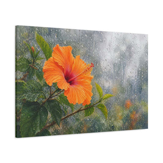 Main Mockup. Naturalist Gouache Illustration Orange Hibiscus Beside Rainy Glass With Silver Mist shown as stretched canvas wall art