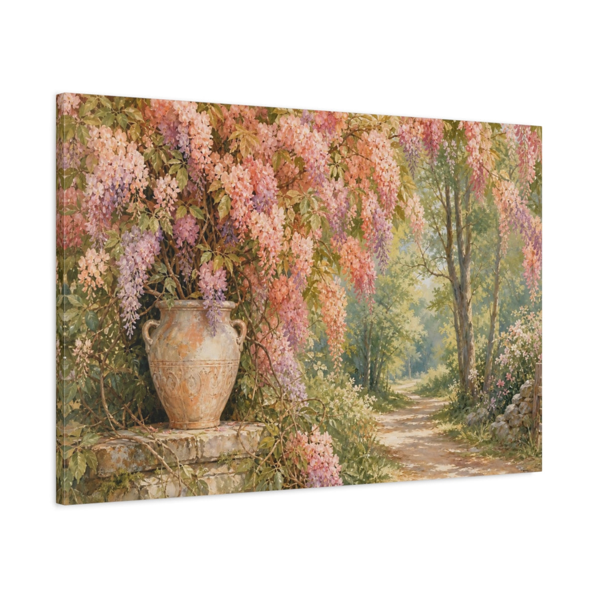 Main Mockup. Naturalist Gouache Illustration Peach Wisteria Vines Against Woodland Path shown as stretched canvas wall art