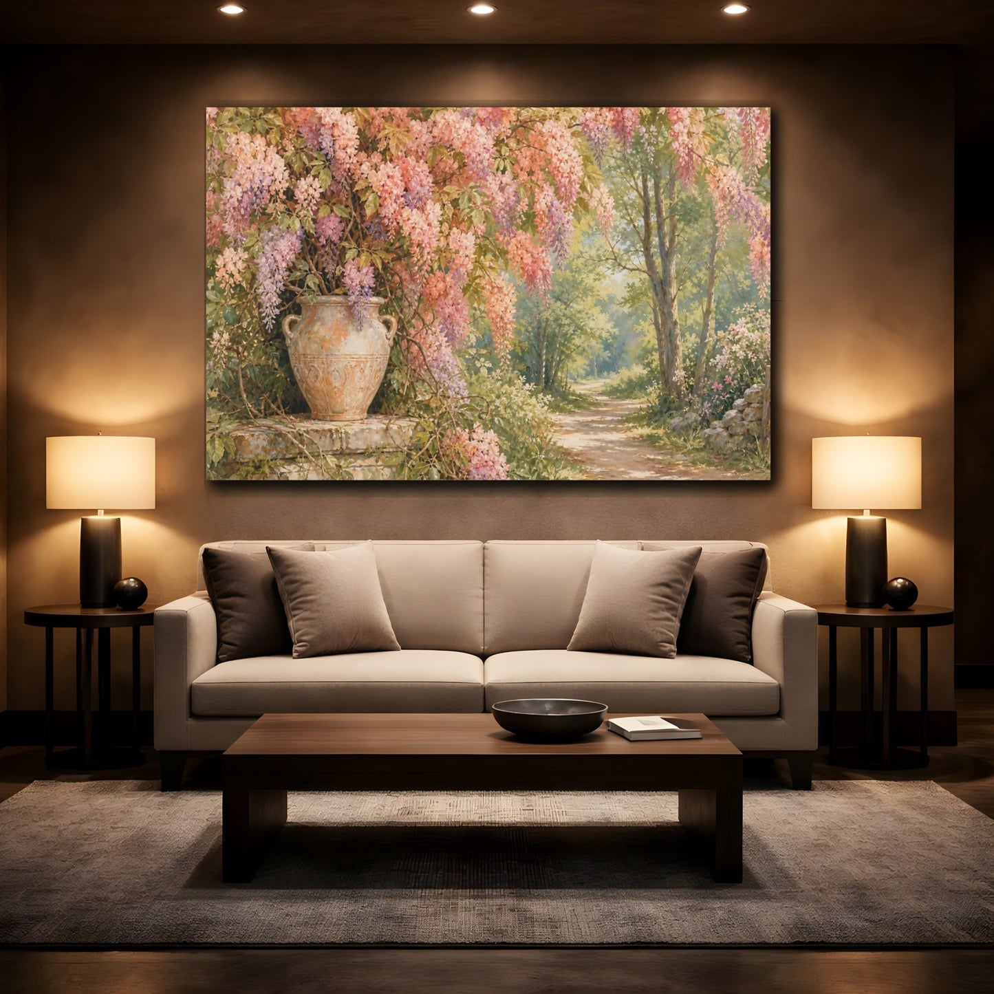 Mockup 2. Naturalist Gouache Illustration Peach Wisteria Vines Against Woodland Path shown as stretched canvas wall art