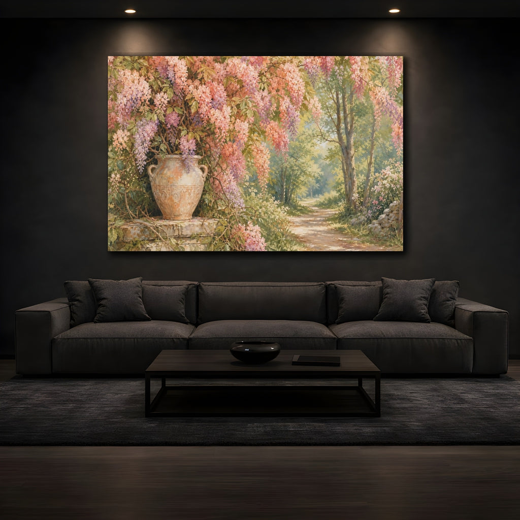 Mockup 3. Naturalist Gouache Illustration Peach Wisteria Vines Against Woodland Path shown as stretched canvas wall art