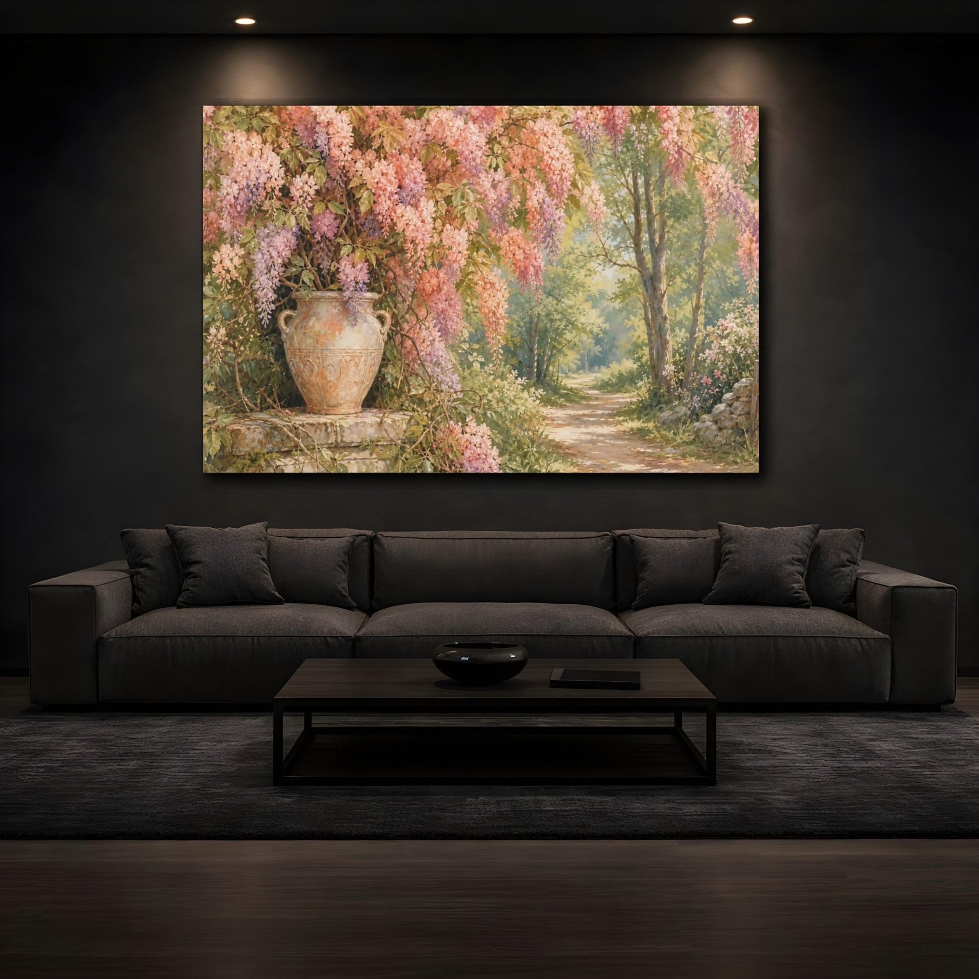 Mockup 3. Naturalist Gouache Illustration Peach Wisteria Vines Against Woodland Path shown as stretched canvas wall art