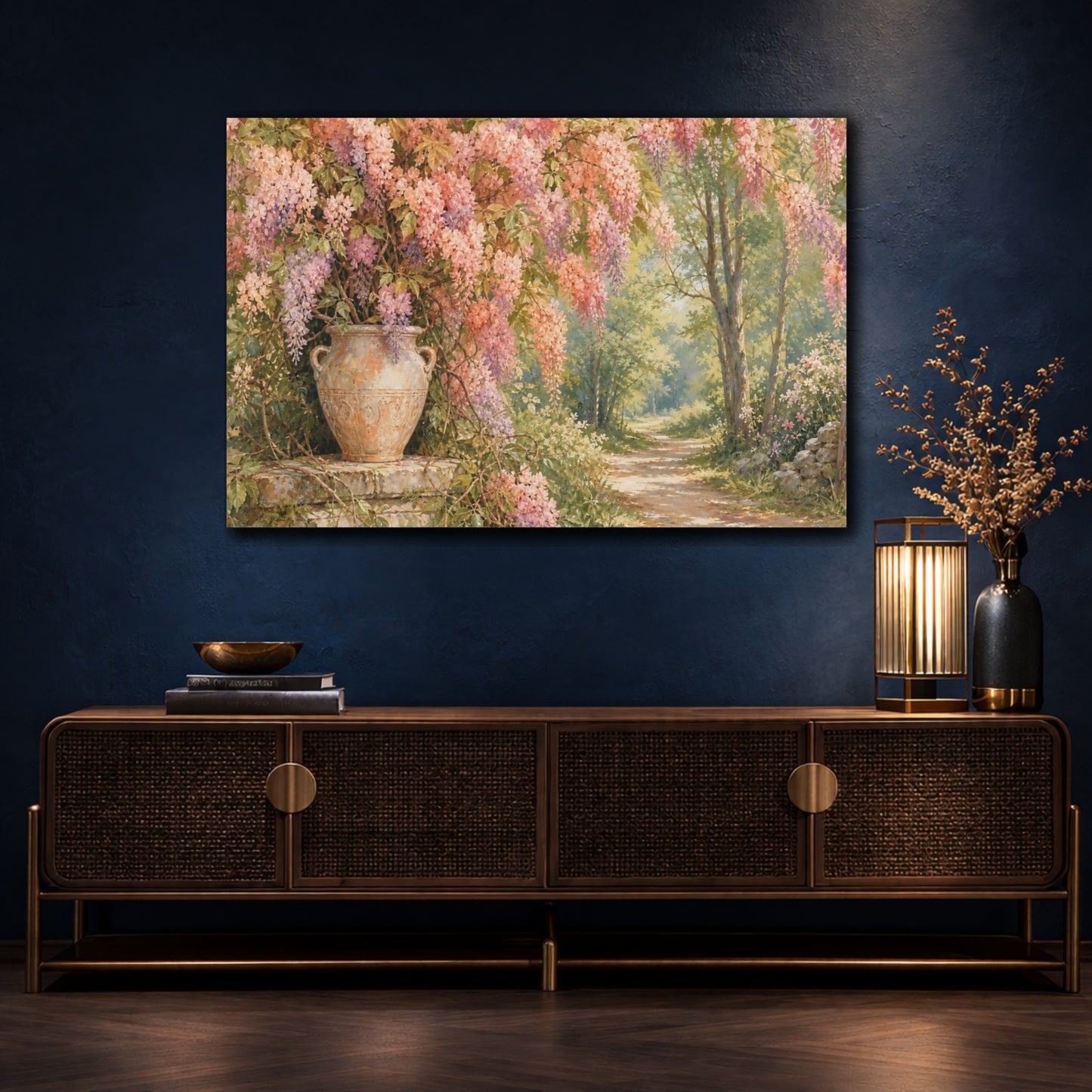 Mockup 4. Naturalist Gouache Illustration Peach Wisteria Vines Against Woodland Path shown as stretched canvas wall art