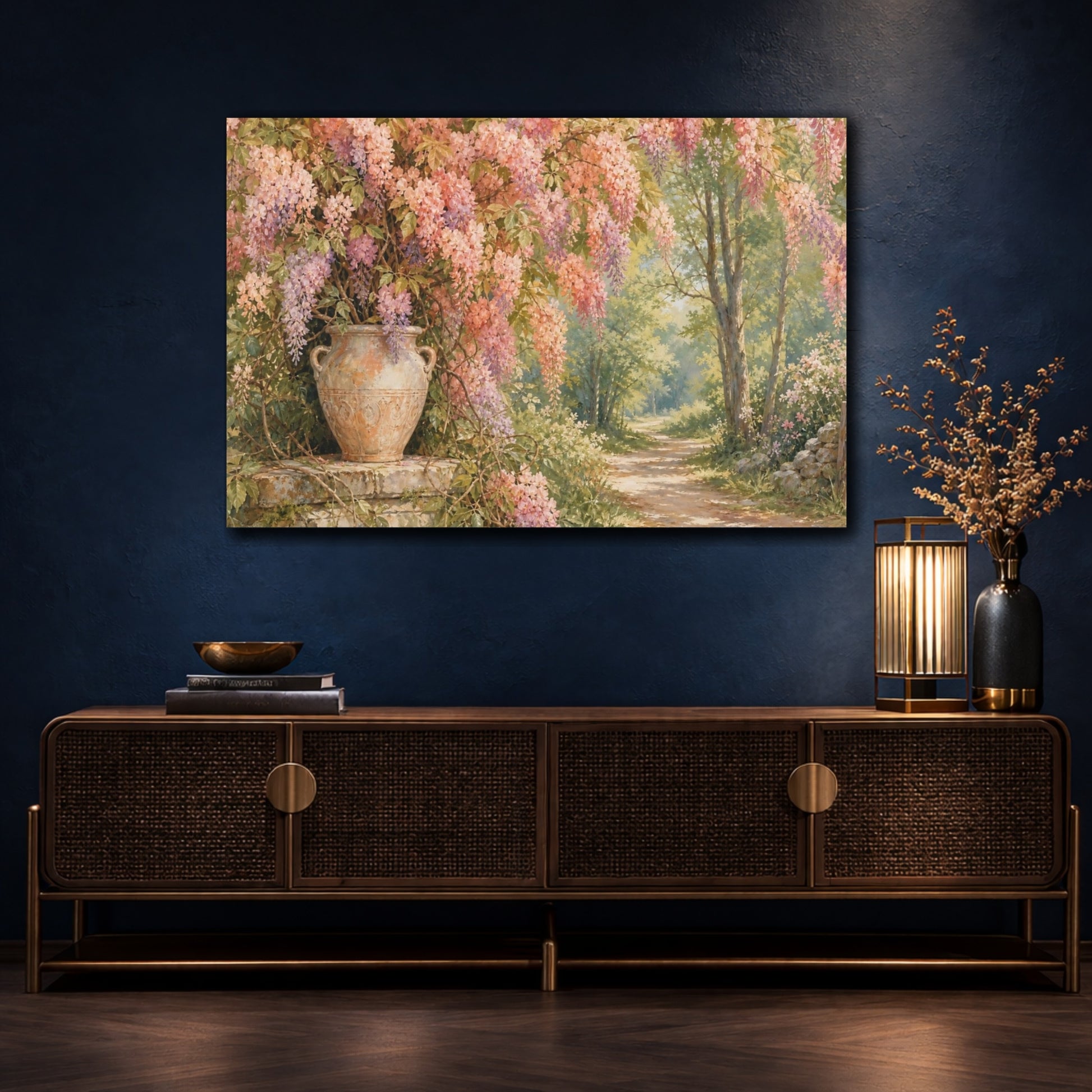 Mockup 4. Naturalist Gouache Illustration Peach Wisteria Vines Against Woodland Path shown as stretched canvas wall art