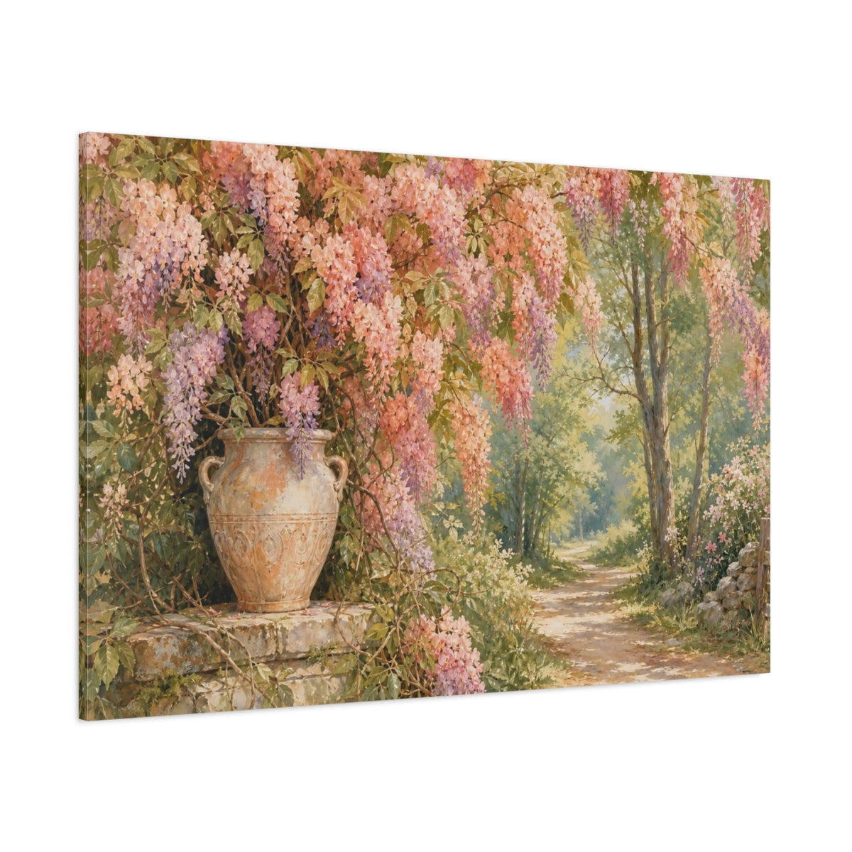 Side Mockup 1. Naturalist Gouache Illustration Peach Wisteria Vines Against Woodland Path shown as stretched canvas wall art