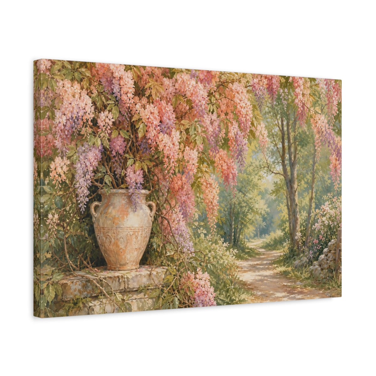 Side Mockup 3. Naturalist Gouache Illustration Peach Wisteria Vines Against Woodland Path shown as stretched canvas wall art