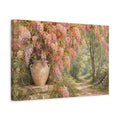 Side Mockup 4. Naturalist Gouache Illustration Peach Wisteria Vines Against Woodland Path shown as stretched canvas wall art