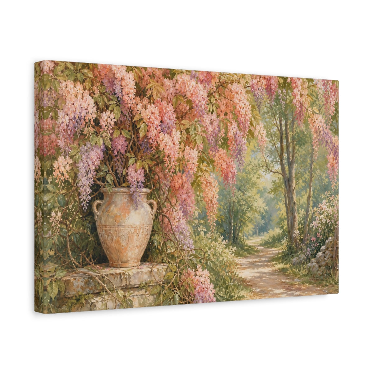 Side Mockup 4. Naturalist Gouache Illustration Peach Wisteria Vines Against Woodland Path shown as stretched canvas wall art