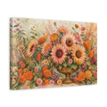 Side Mockup 4. Naturalist Gouache Illustration Pink And Apricot Sunflowers Marigolds In Brass Urn shown as stretched canvas wall art