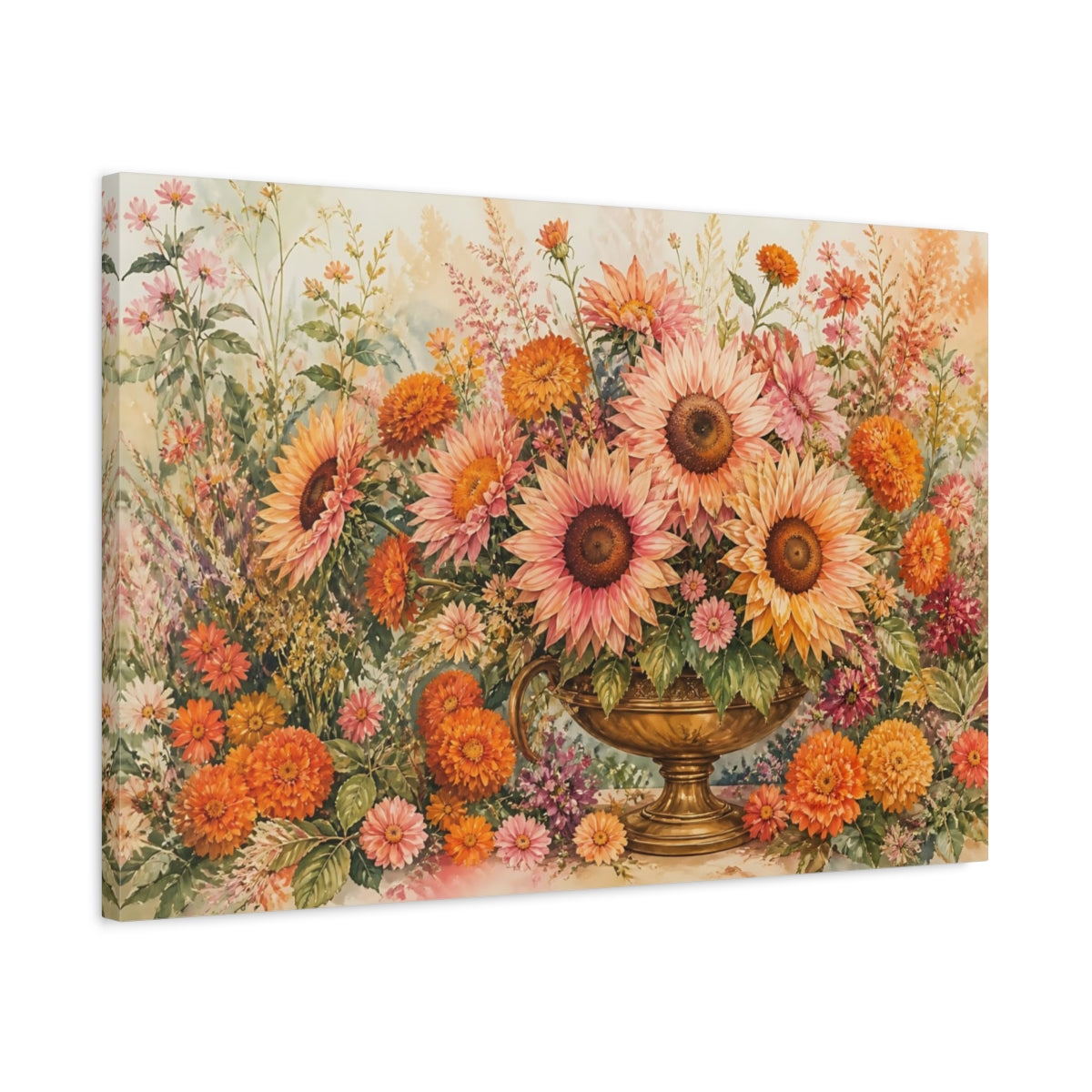 Side Mockup 2. Naturalist Gouache Illustration Pink And Apricot Sunflowers Marigolds In Brass Urn shown as stretched canvas wall art