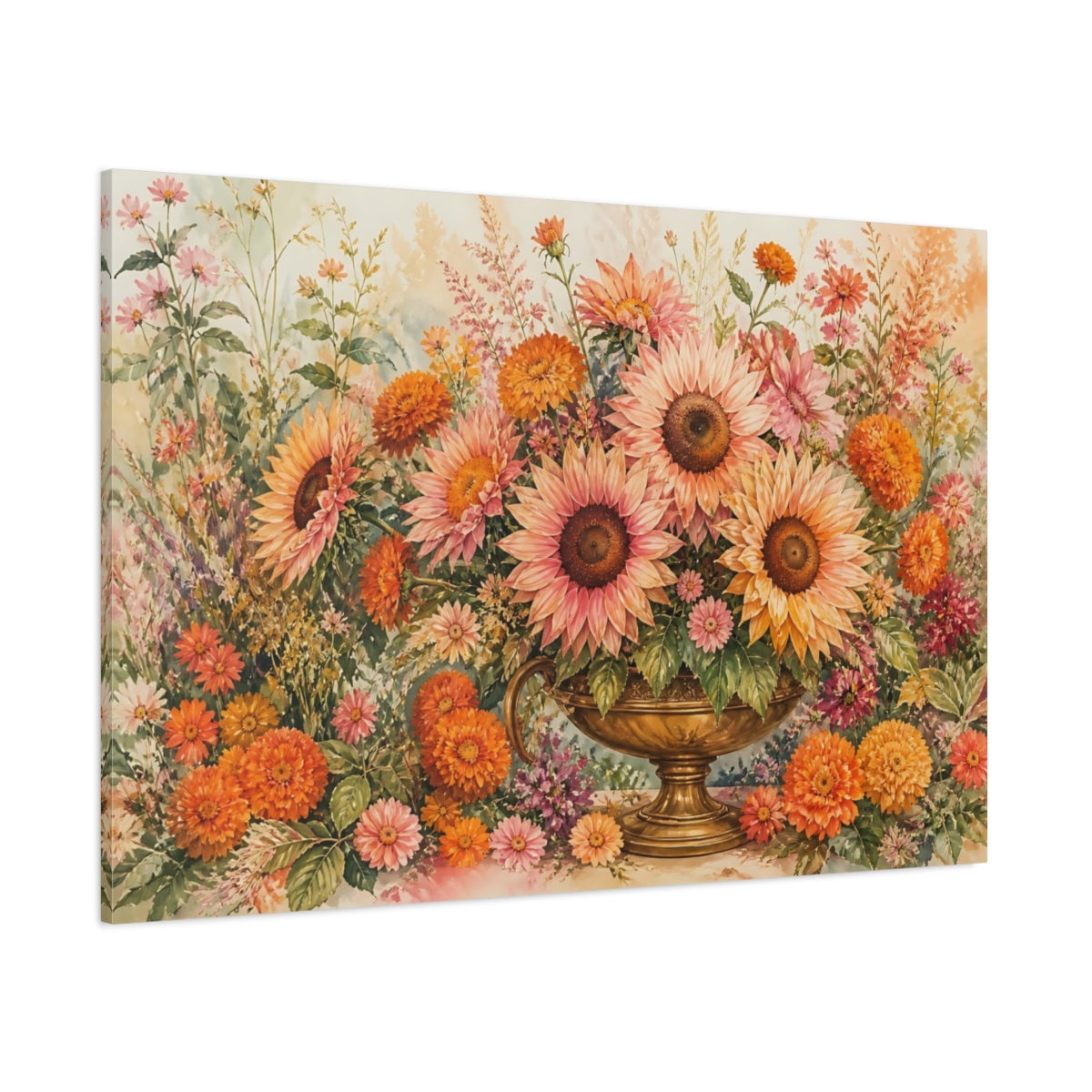Side Mockup 1. Naturalist Gouache Illustration Pink And Apricot Sunflowers Marigolds In Brass Urn shown as stretched canvas wall art
