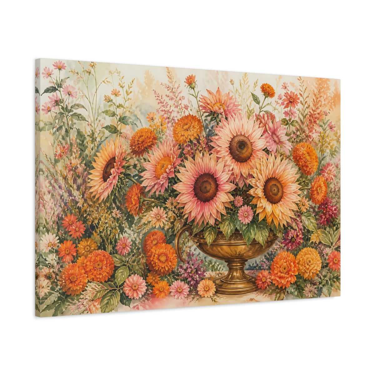 Main Mockup. Naturalist Gouache Illustration Pink And Apricot Sunflowers Marigolds In Brass Urn shown as stretched canvas wall art