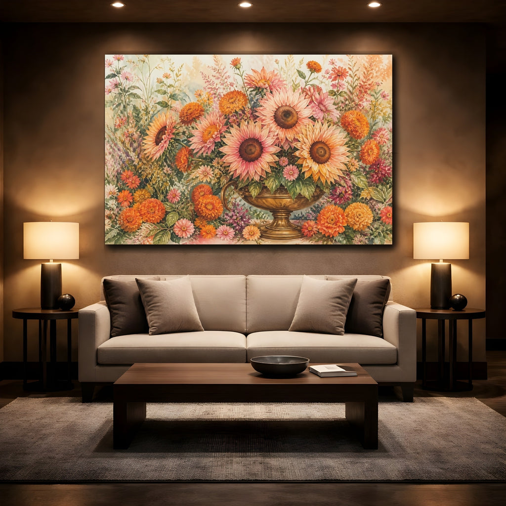 Mockup 2. Naturalist Gouache Illustration Pink And Apricot Sunflowers Marigolds In Brass Urn shown as stretched canvas wall art