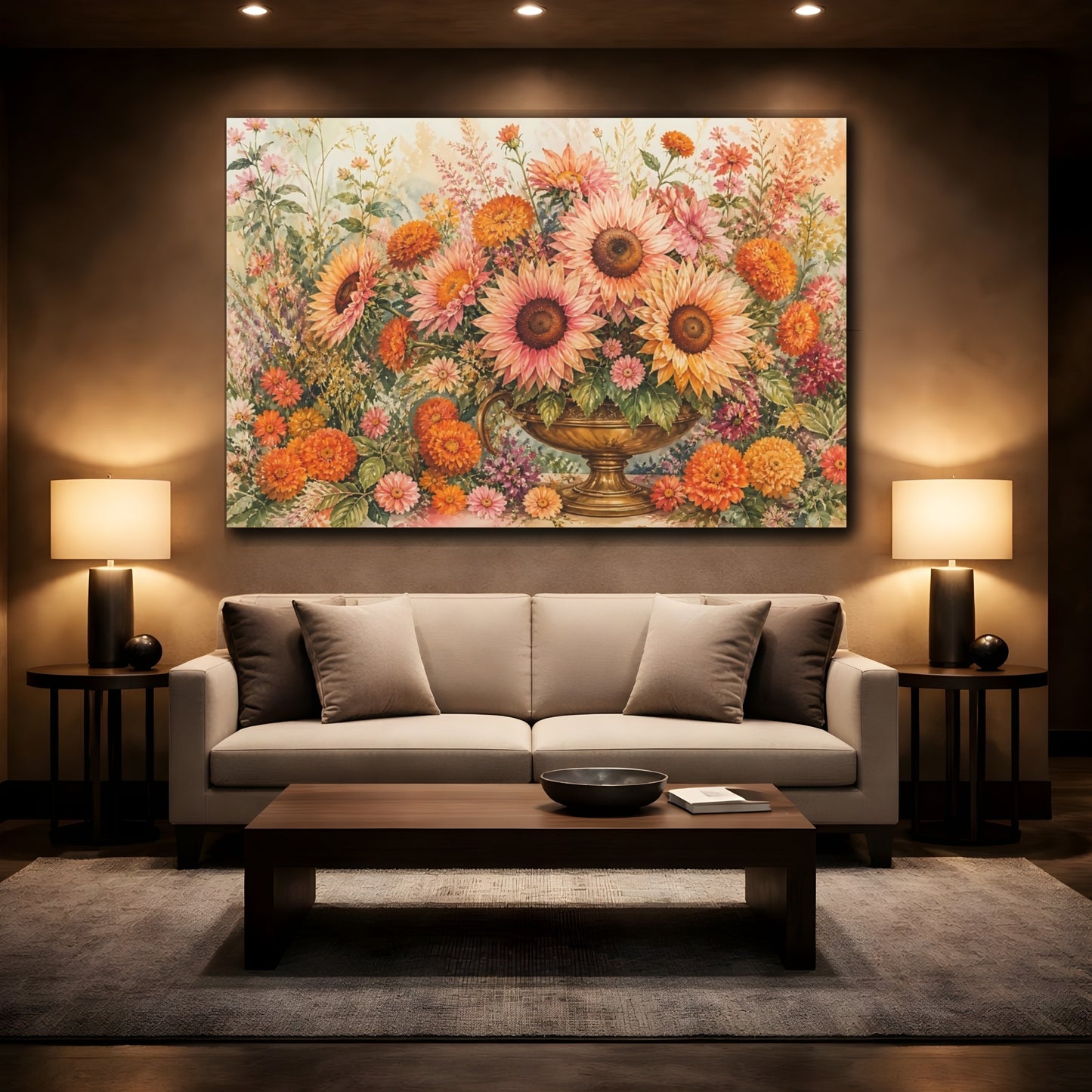 Mockup 2. Naturalist Gouache Illustration Pink And Apricot Sunflowers Marigolds In Brass Urn shown as stretched canvas wall art