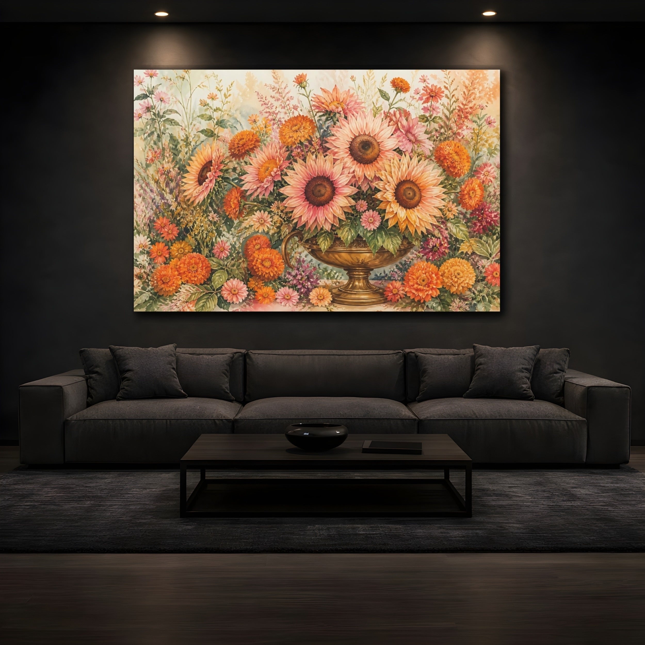 Mockup 3. Naturalist Gouache Illustration Pink And Apricot Sunflowers Marigolds In Brass Urn shown as stretched canvas wall art
