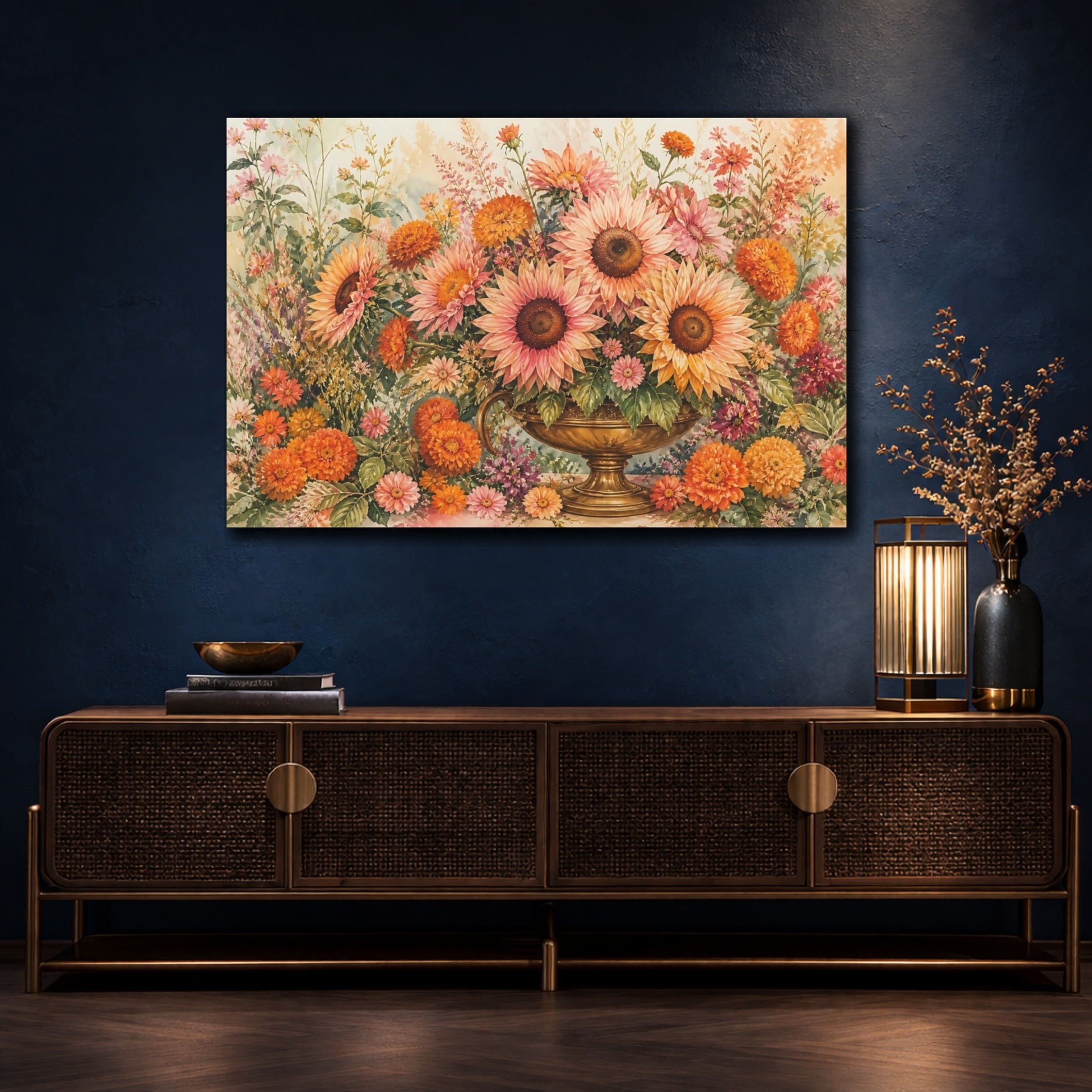 Mockup 4. Naturalist Gouache Illustration Pink And Apricot Sunflowers Marigolds In Brass Urn shown as stretched canvas wall art