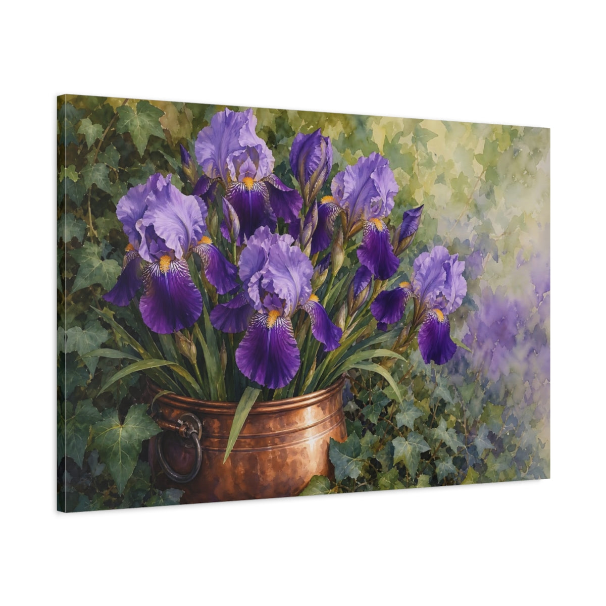 Main Mockup. Naturalist Gouache Illustration Purple Irises In Copper Pot Quiet Shade shown as stretched canvas wall art