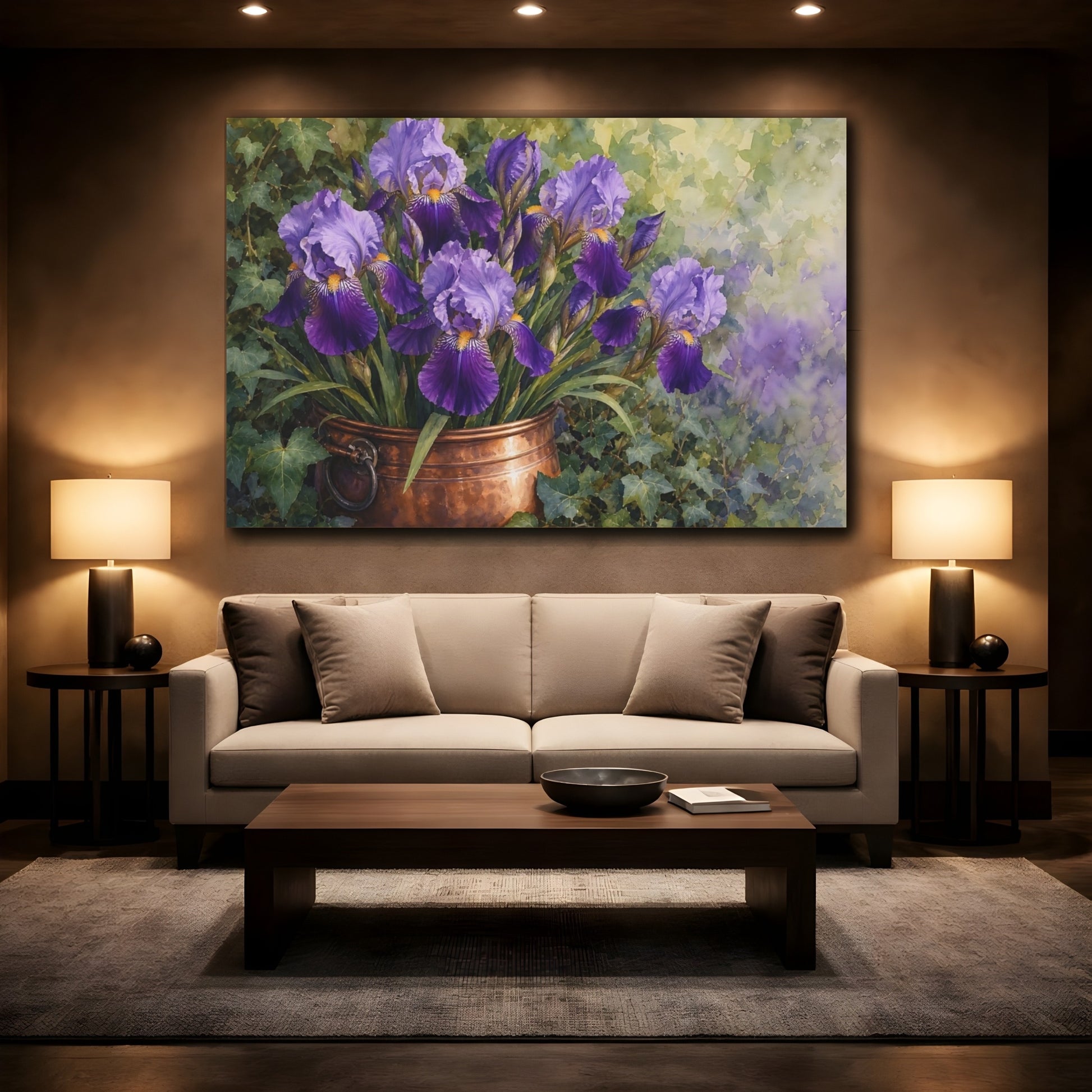 Mockup 2. Naturalist Gouache Illustration Purple Irises In Copper Pot Quiet Shade shown as stretched canvas wall art