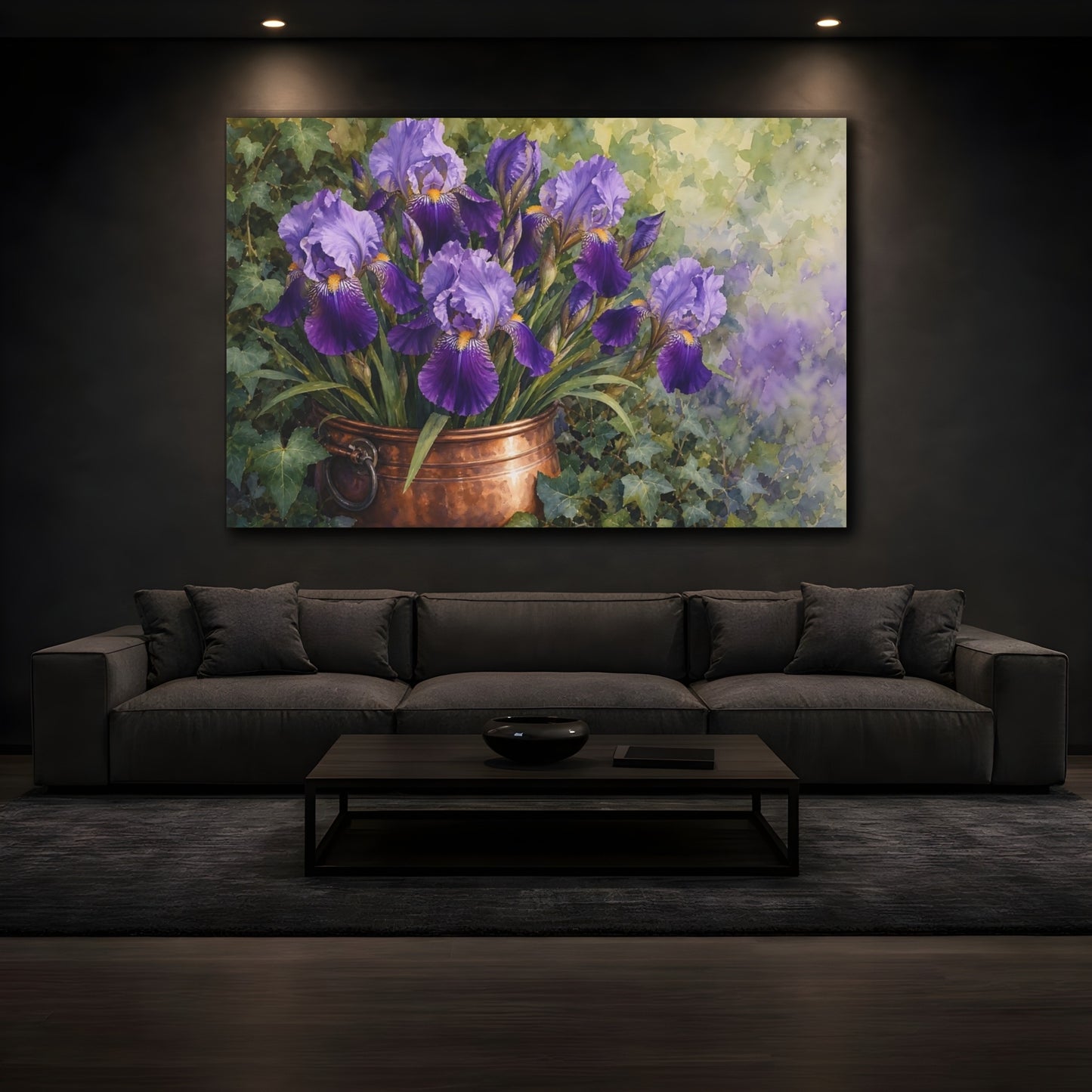 Mockup 3. Naturalist Gouache Illustration Purple Irises In Copper Pot Quiet Shade shown as stretched canvas wall art