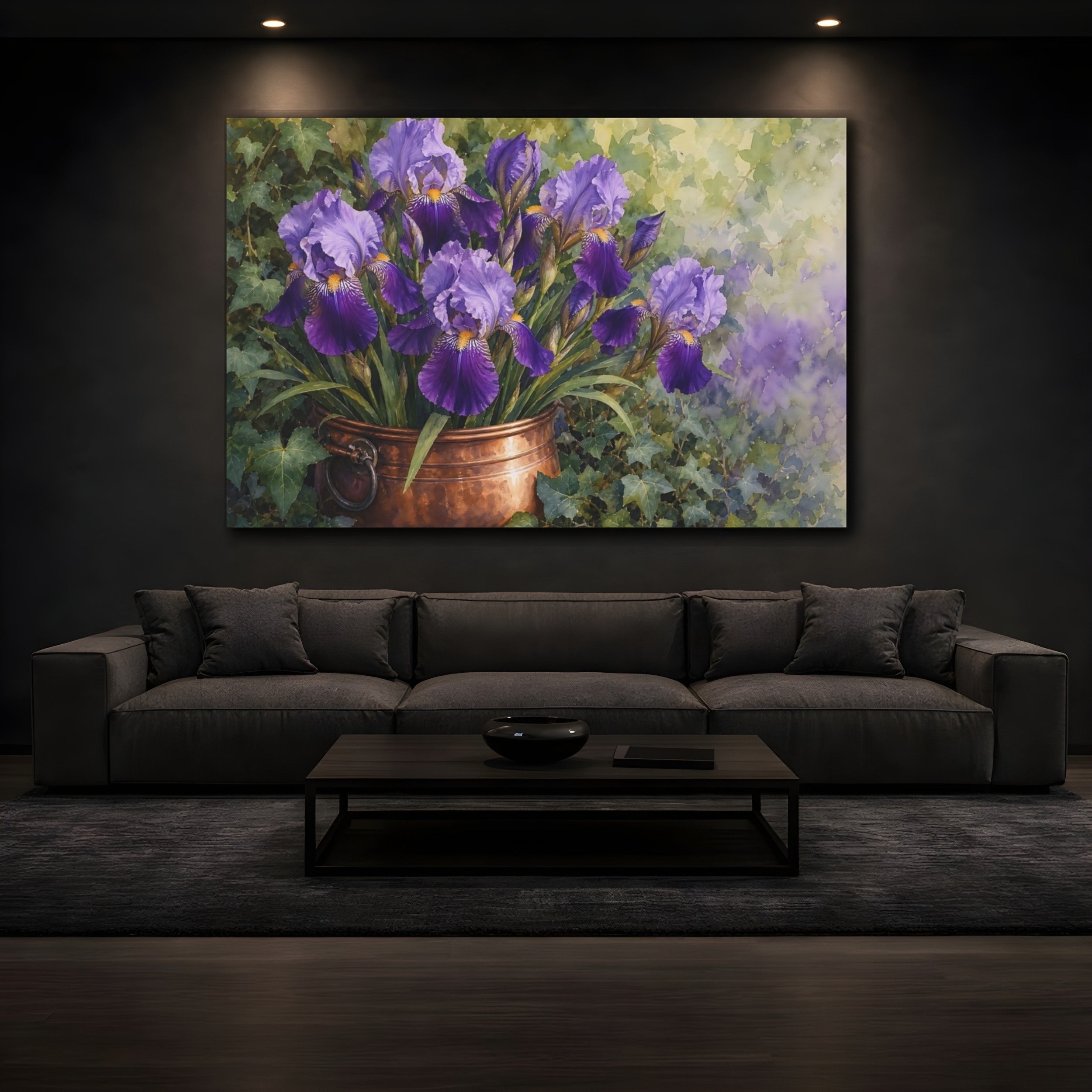 Mockup 3. Naturalist Gouache Illustration Purple Irises In Copper Pot Quiet Shade shown as stretched canvas wall art