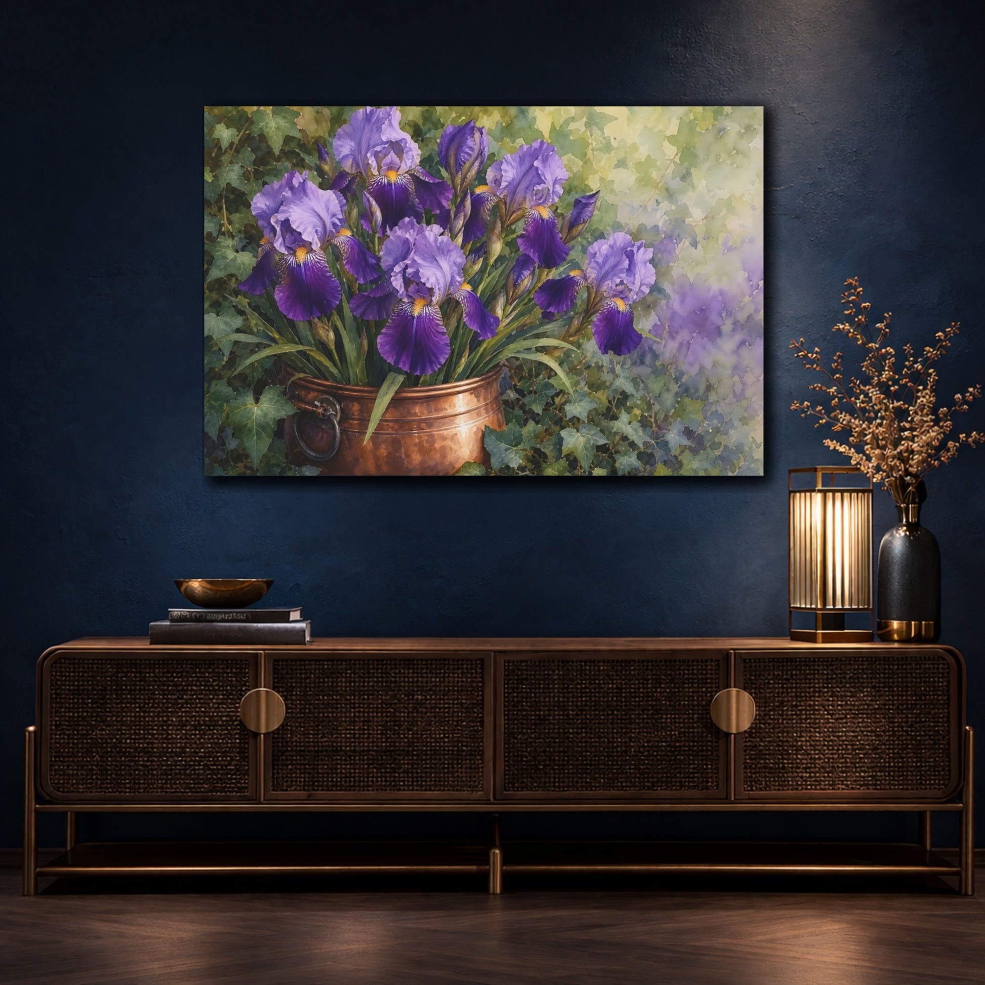 Mockup 4. Naturalist Gouache Illustration Purple Irises In Copper Pot Quiet Shade shown as stretched canvas wall art
