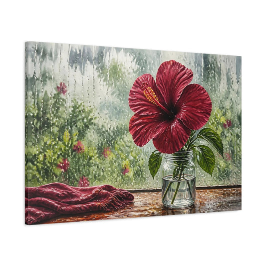 Main Mockup. Naturalist Gouache Illustration Single Burgundy Hibiscus Against Rain Streaked Window shown as stretched canvas wall art
