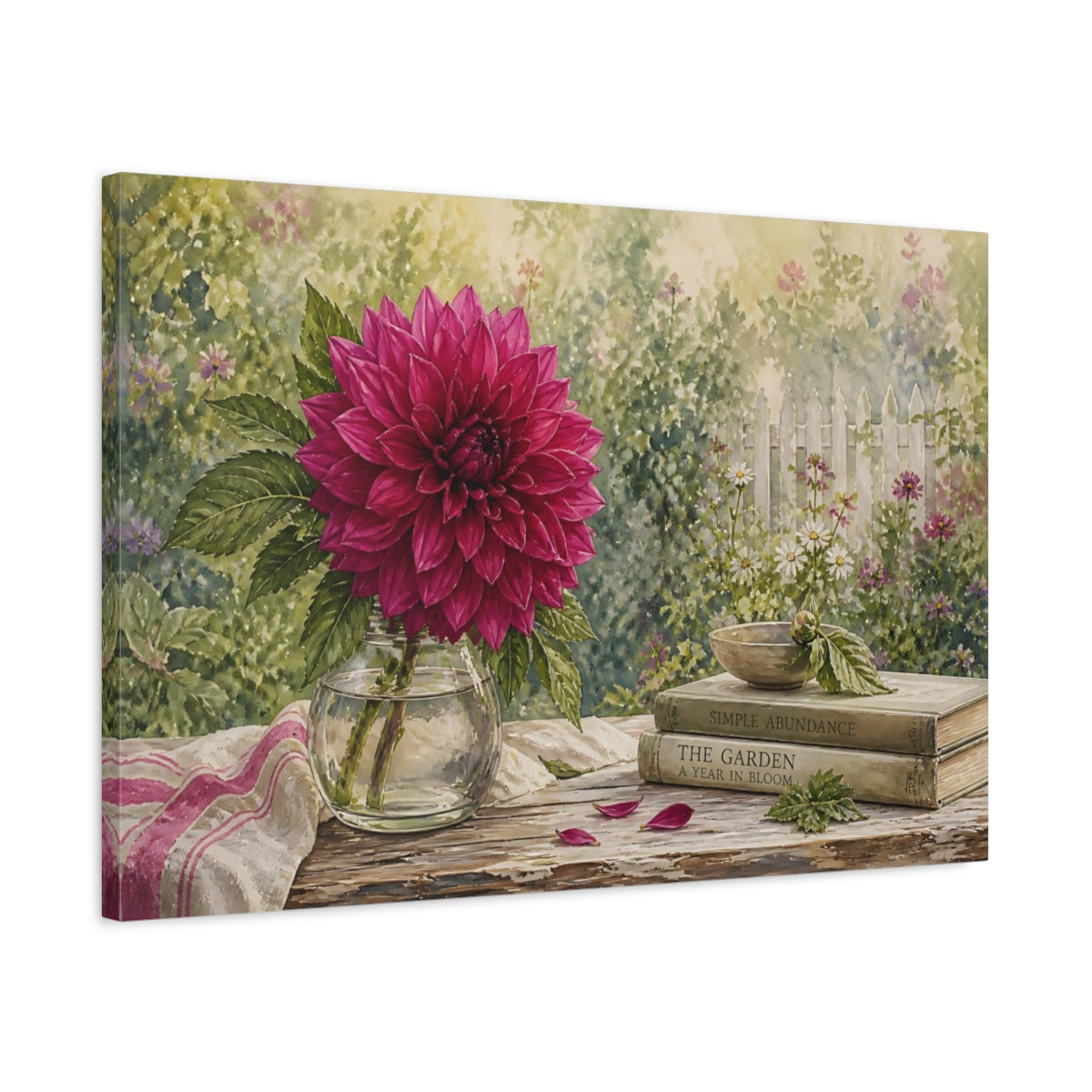 Side Mockup 2. Naturalist Gouache Illustration Single Magenta Dahlia Through Garden Haze shown as stretched canvas wall art