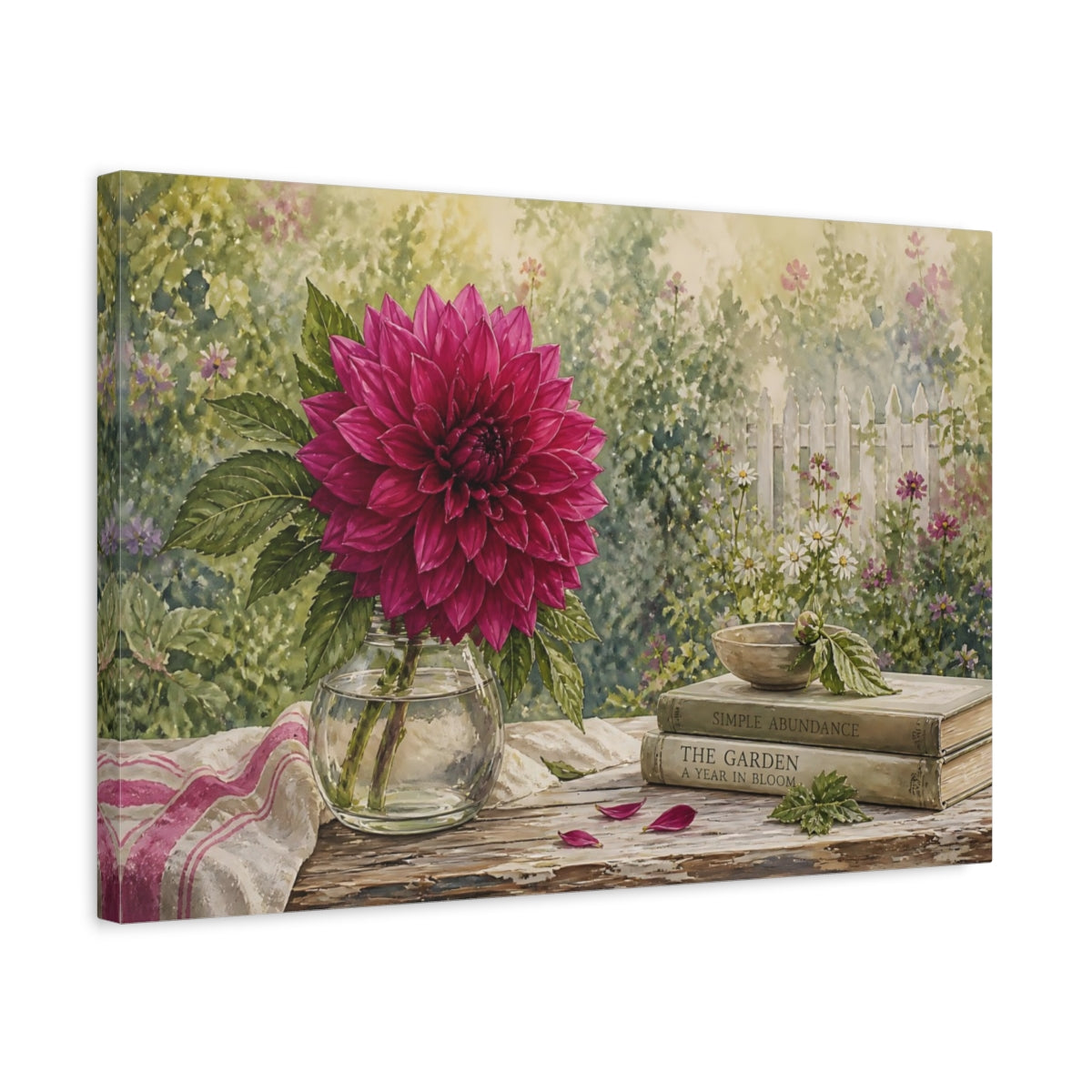 Side Mockup 3. Naturalist Gouache Illustration Single Magenta Dahlia Through Garden Haze shown as stretched canvas wall art