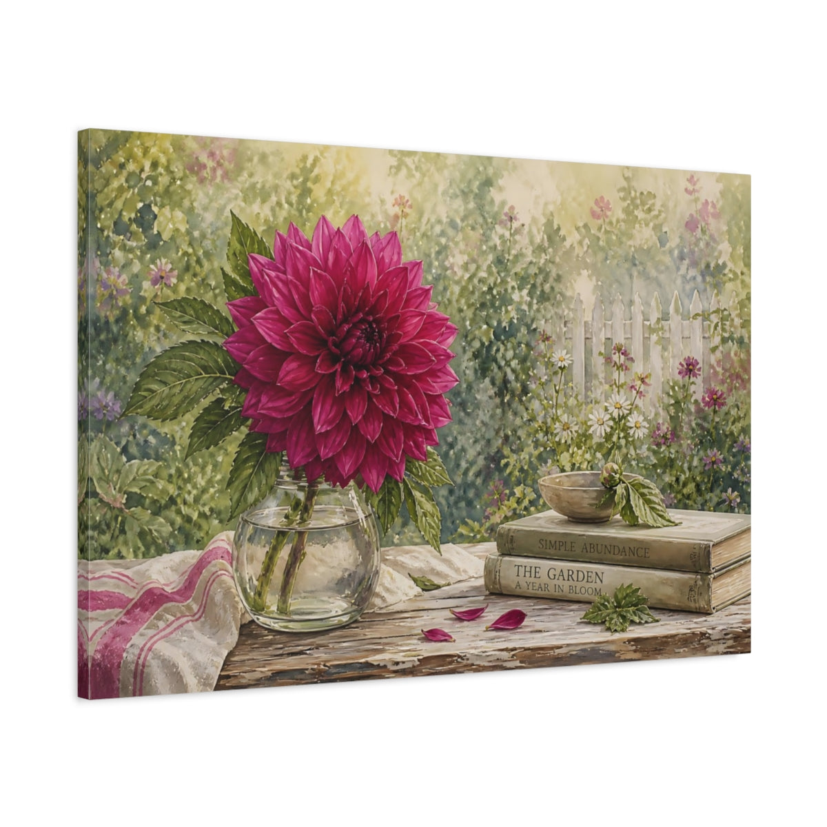 Main Mockup. Naturalist Gouache Illustration Single Magenta Dahlia Through Garden Haze shown as stretched canvas wall art
