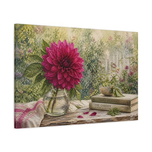 Main Mockup. Naturalist Gouache Illustration Single Magenta Dahlia Through Garden Haze shown as stretched canvas wall art