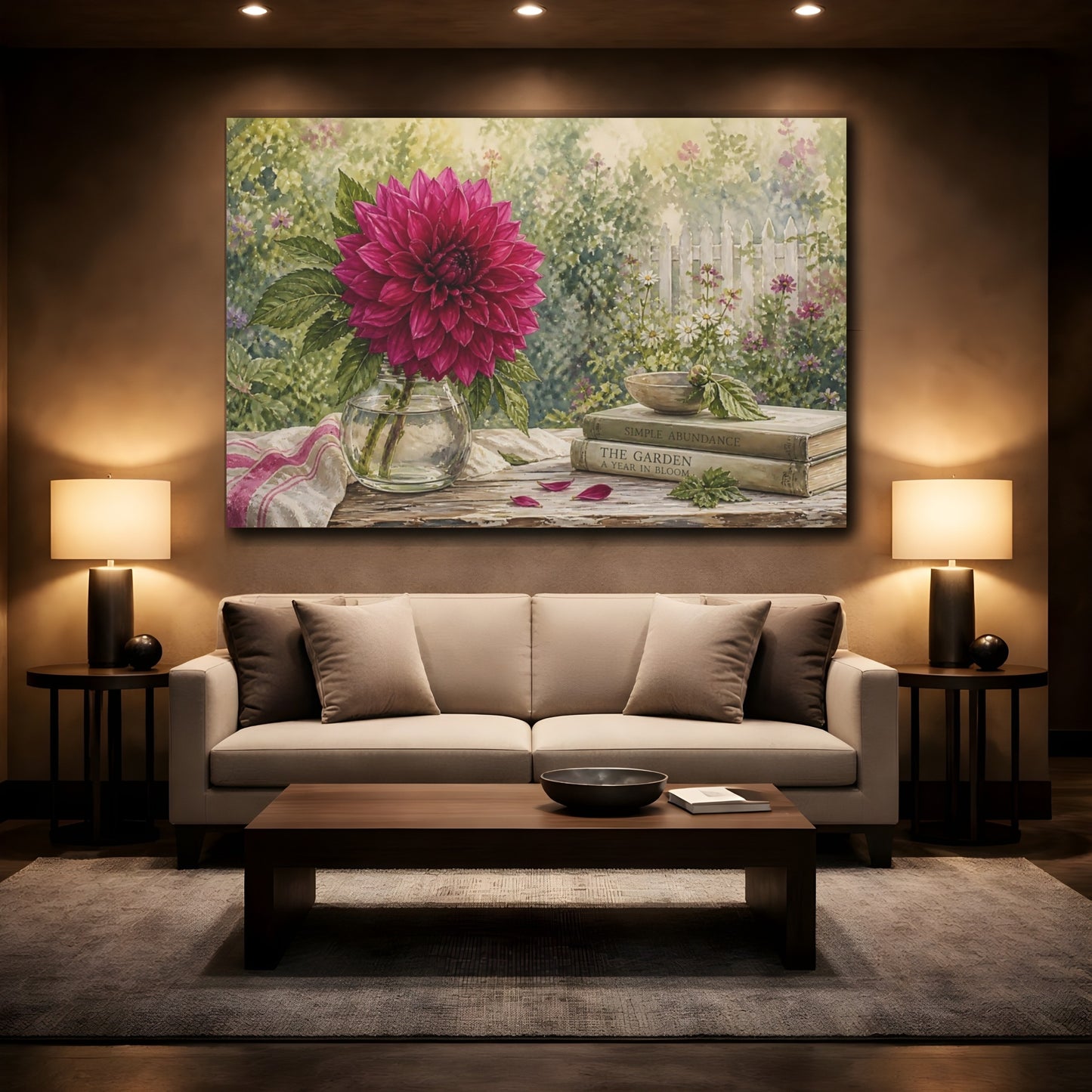 Mockup 2. Naturalist Gouache Illustration Single Magenta Dahlia Through Garden Haze shown as stretched canvas wall art