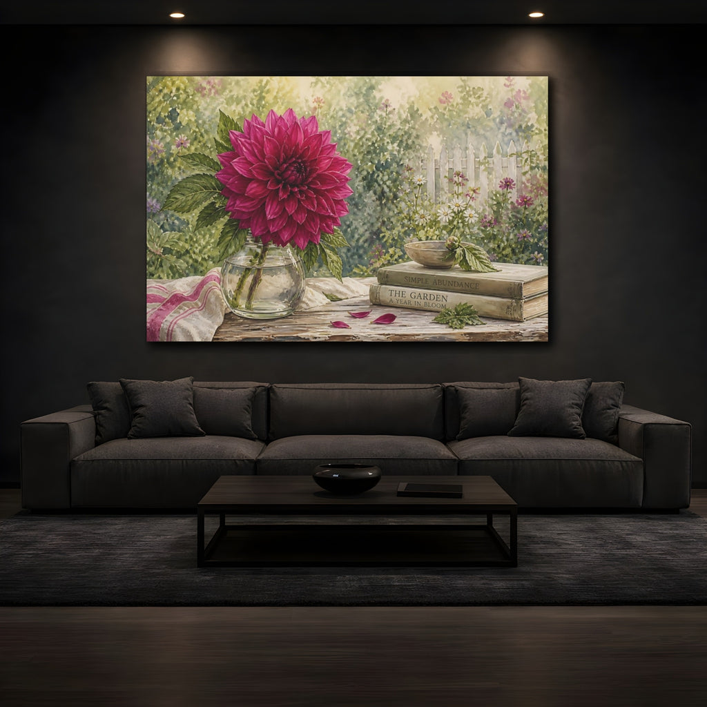 Mockup 3. Naturalist Gouache Illustration Single Magenta Dahlia Through Garden Haze shown as stretched canvas wall art
