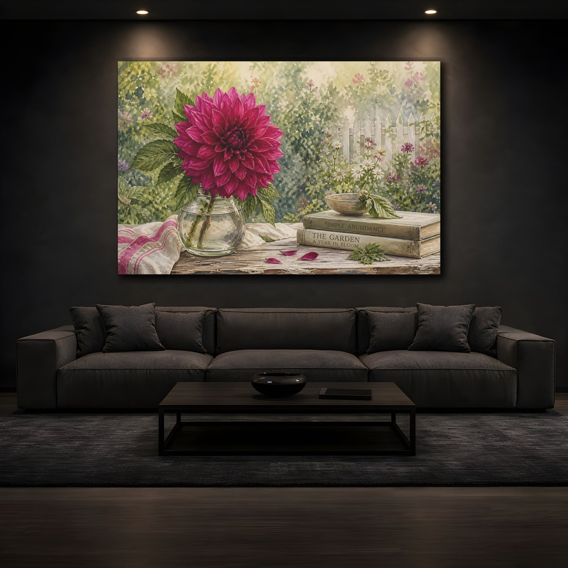 Mockup 3. Naturalist Gouache Illustration Single Magenta Dahlia Through Garden Haze shown as stretched canvas wall art