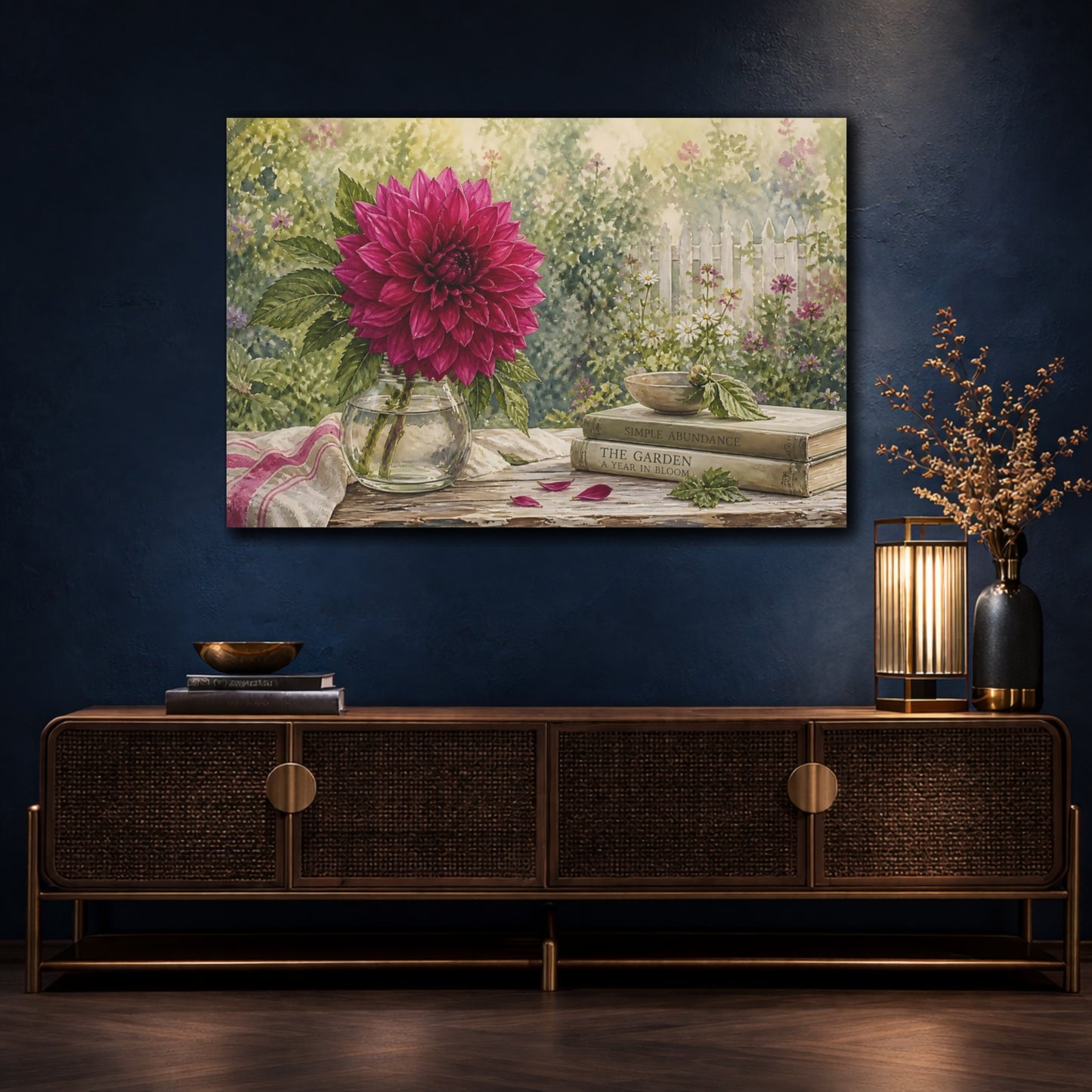 Mockup 4. Naturalist Gouache Illustration Single Magenta Dahlia Through Garden Haze shown as stretched canvas wall art