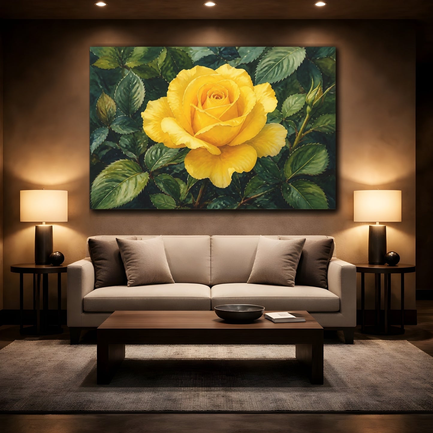 Mockup 2. Naturalist Gouache Illustration Single Yellow Rose Against Shadow Leaves shown as stretched canvas wall art