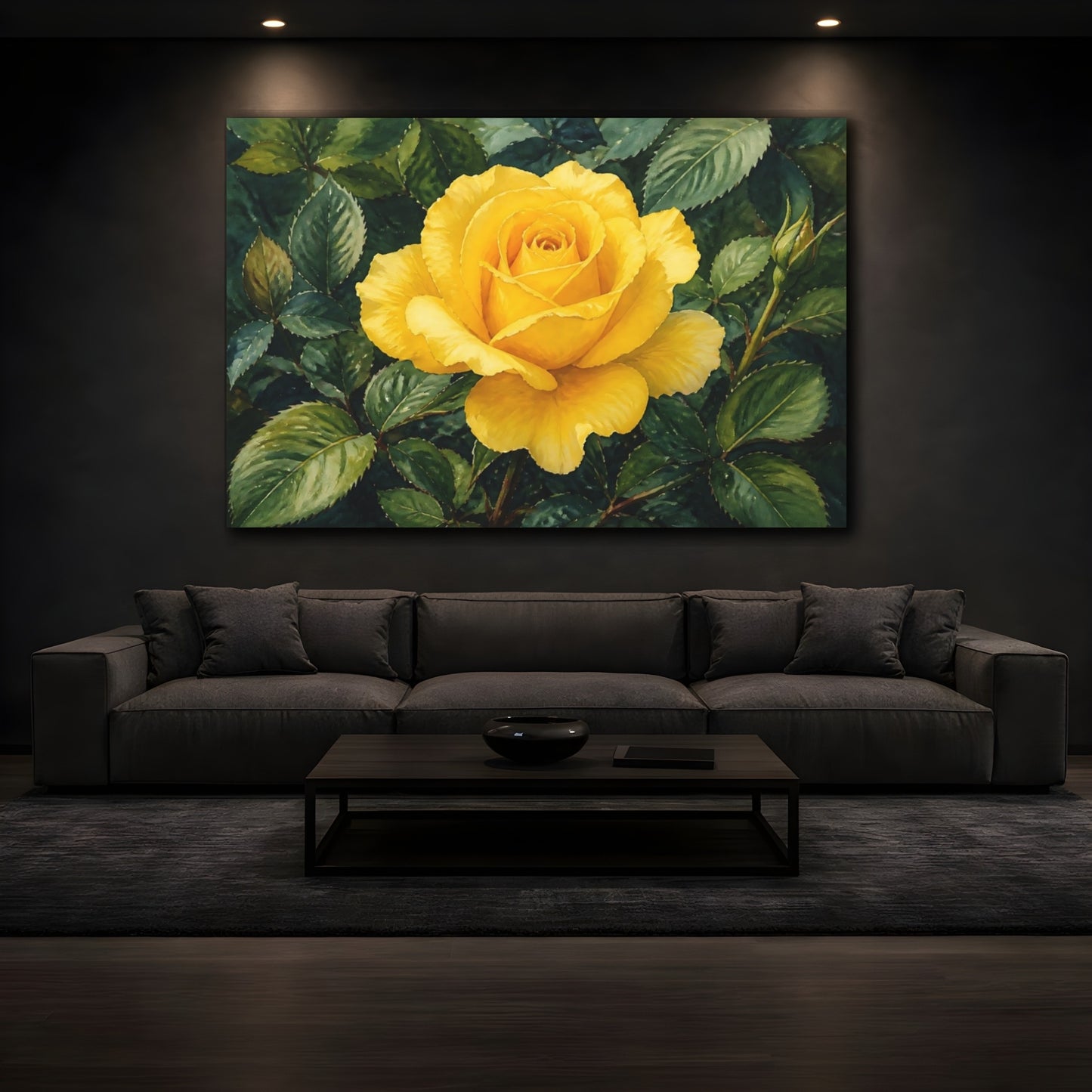Mockup 3. Naturalist Gouache Illustration Single Yellow Rose Against Shadow Leaves shown as stretched canvas wall art