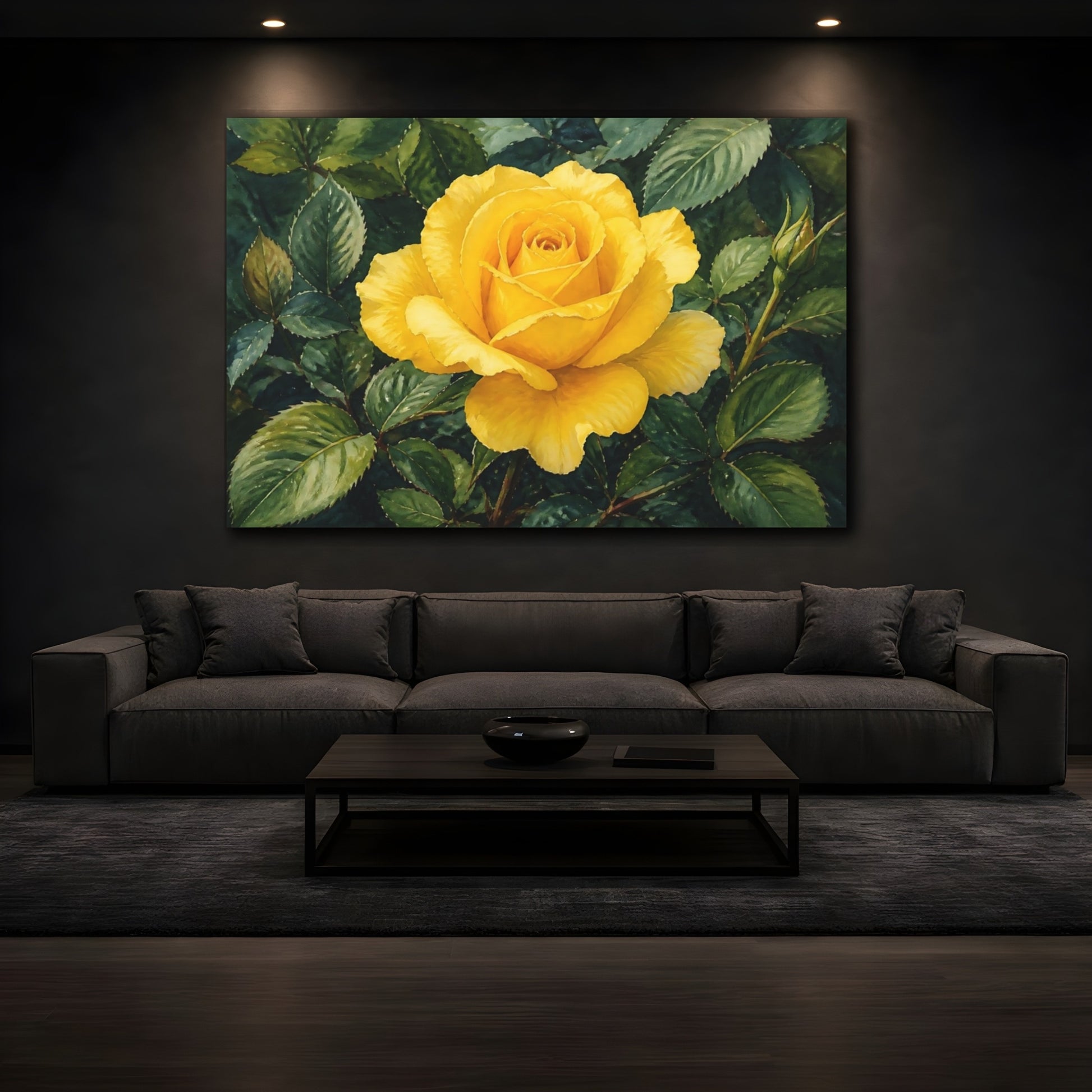 Mockup 3. Naturalist Gouache Illustration Single Yellow Rose Against Shadow Leaves shown as stretched canvas wall art