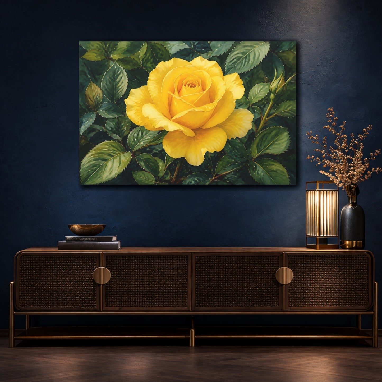 Mockup 4. Naturalist Gouache Illustration Single Yellow Rose Against Shadow Leaves shown as stretched canvas wall art