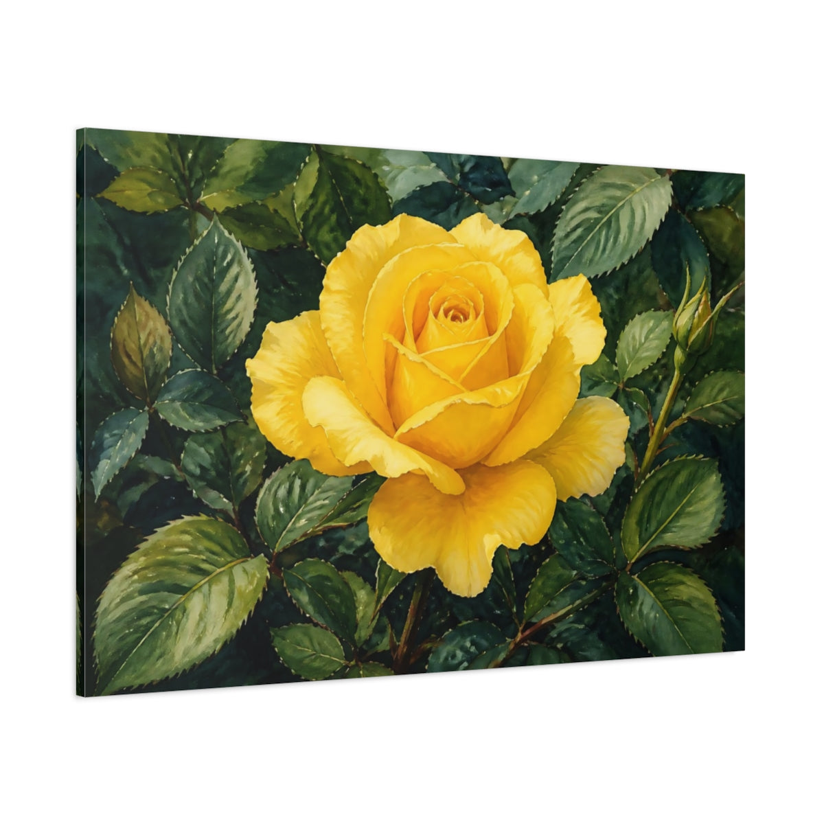 Side Mockup 1. Naturalist Gouache Illustration Single Yellow Rose Against Shadow Leaves shown as stretched canvas wall art