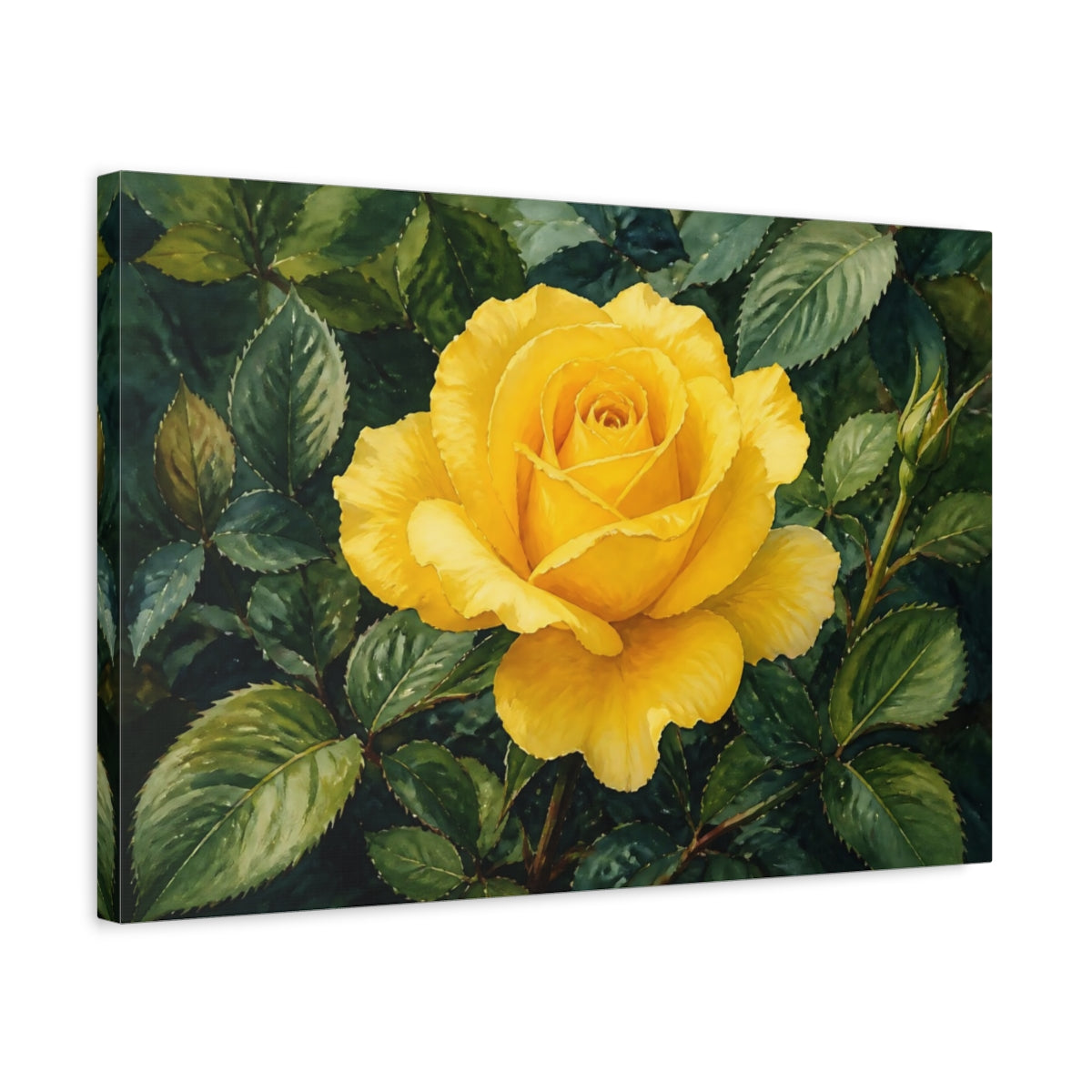 Side Mockup 3. Naturalist Gouache Illustration Single Yellow Rose Against Shadow Leaves shown as stretched canvas wall art