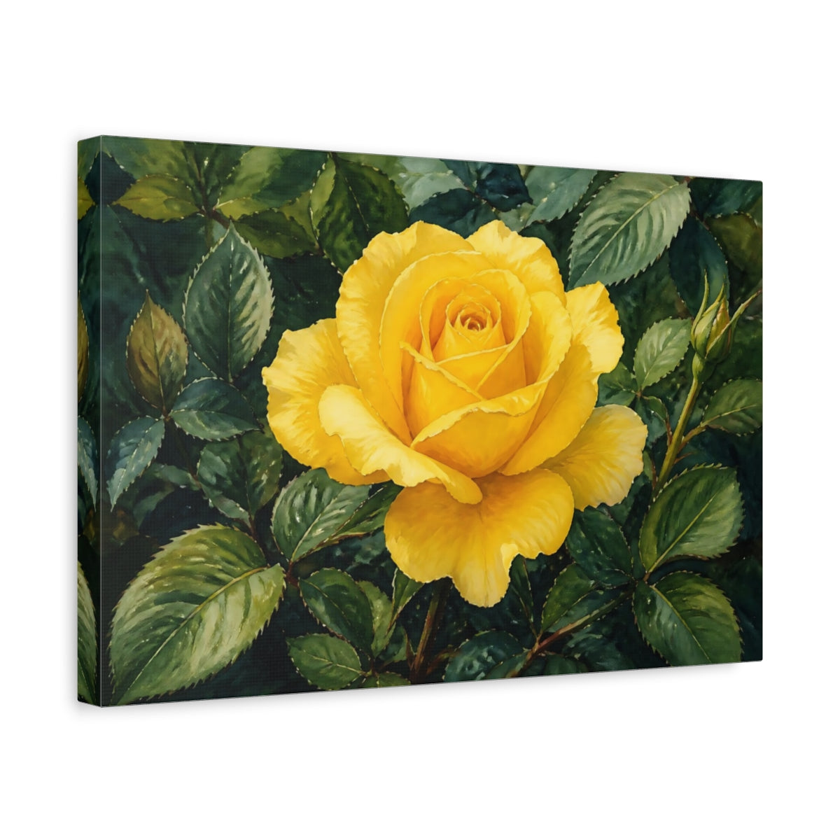 Side Mockup 4. Naturalist Gouache Illustration Single Yellow Rose Against Shadow Leaves shown as stretched canvas wall art