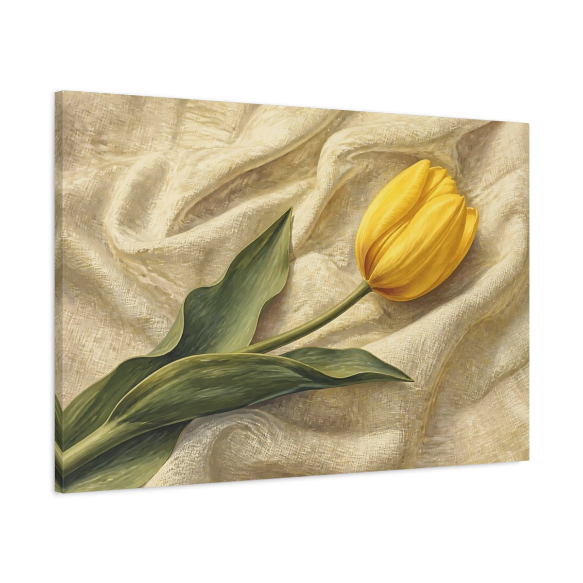 Main Mockup. Naturalist Gouache Illustration Single Yellow Tulip Against Linen Cloth shown as stretched canvas wall art