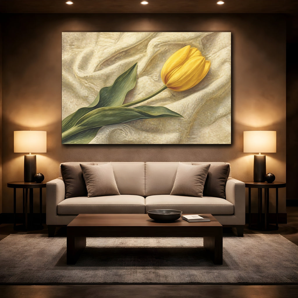 Mockup 2. Naturalist Gouache Illustration Single Yellow Tulip Against Linen Cloth shown as stretched canvas wall art