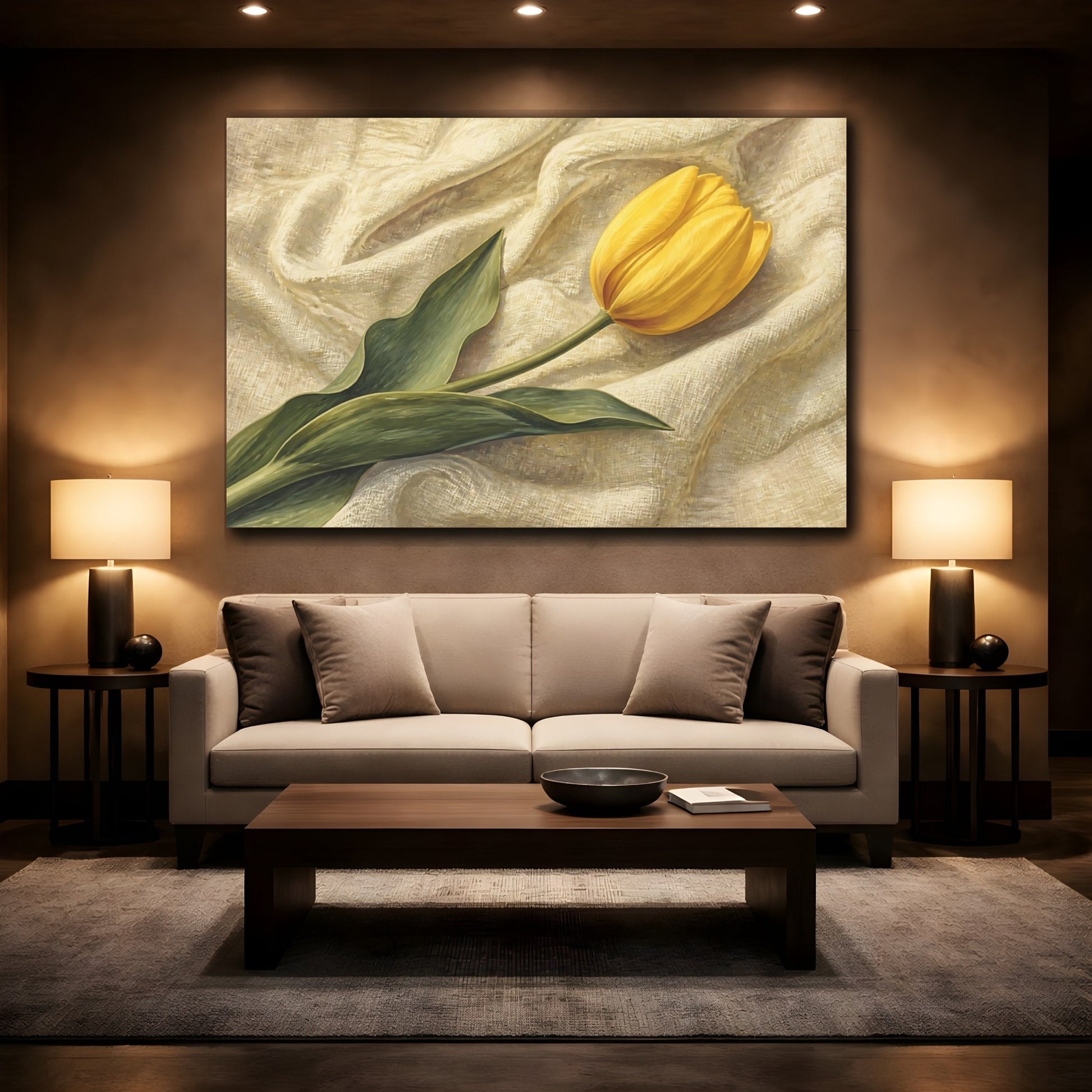 Mockup 2. Naturalist Gouache Illustration Single Yellow Tulip Against Linen Cloth shown as stretched canvas wall art