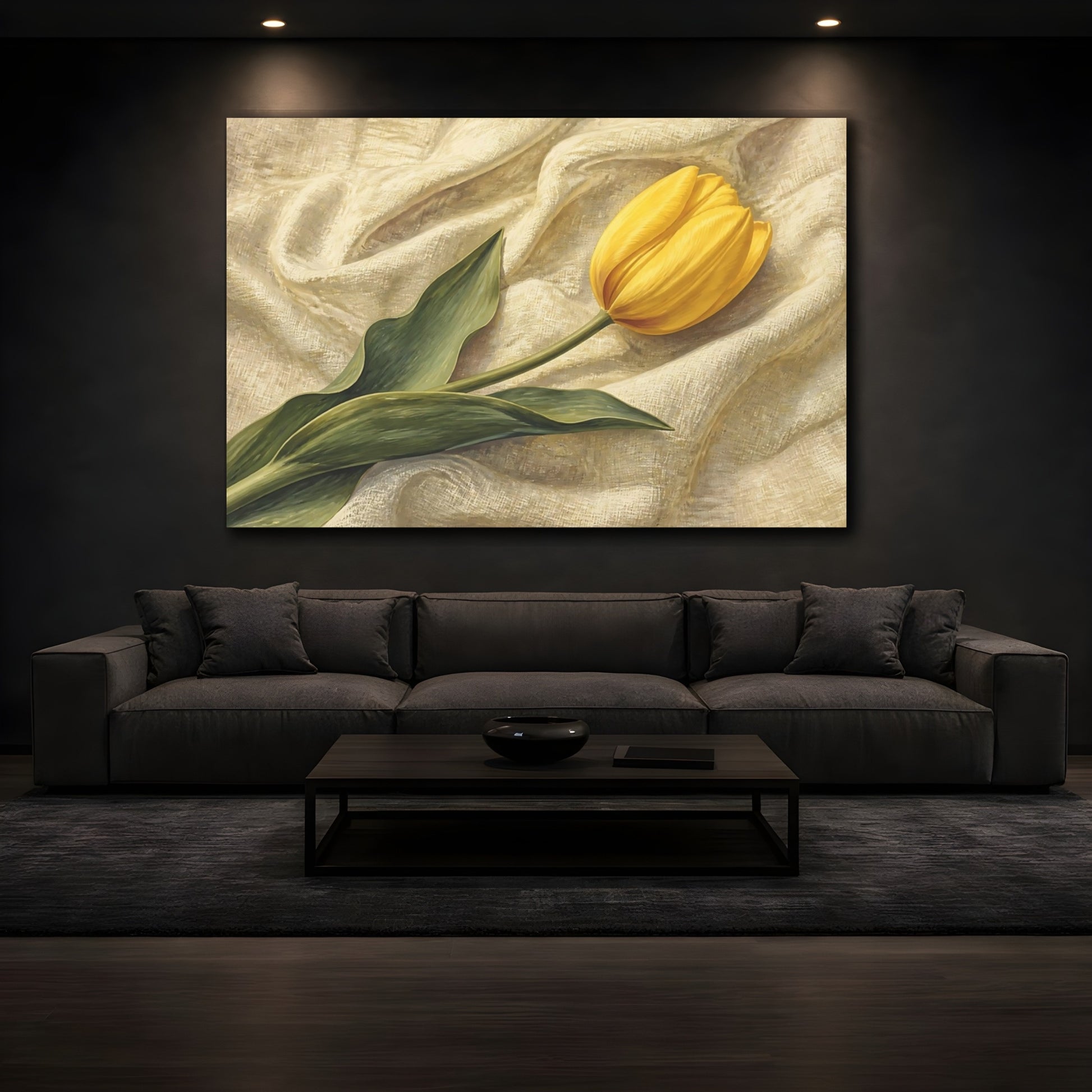 Mockup 3. Naturalist Gouache Illustration Single Yellow Tulip Against Linen Cloth shown as stretched canvas wall art