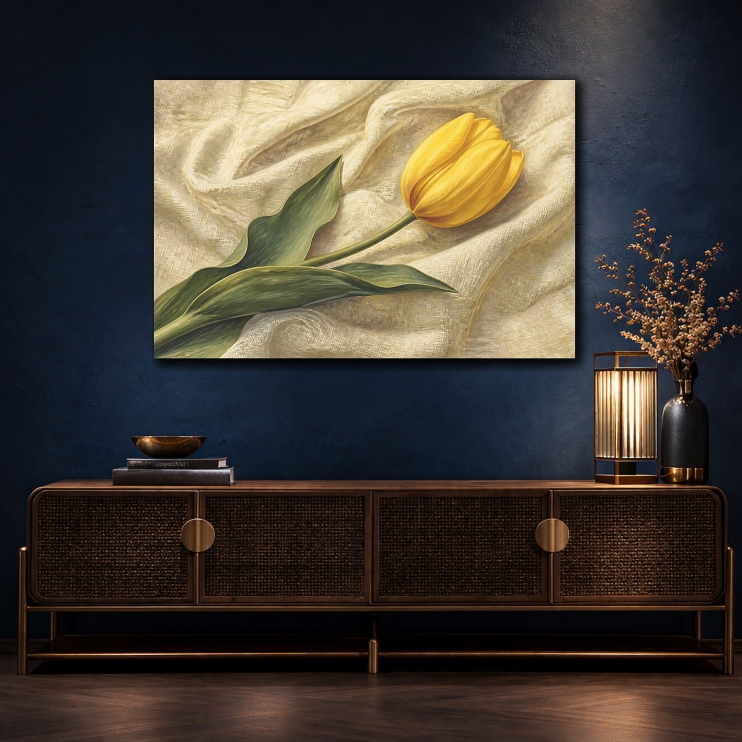Mockup 4. Naturalist Gouache Illustration Single Yellow Tulip Against Linen Cloth shown as stretched canvas wall art