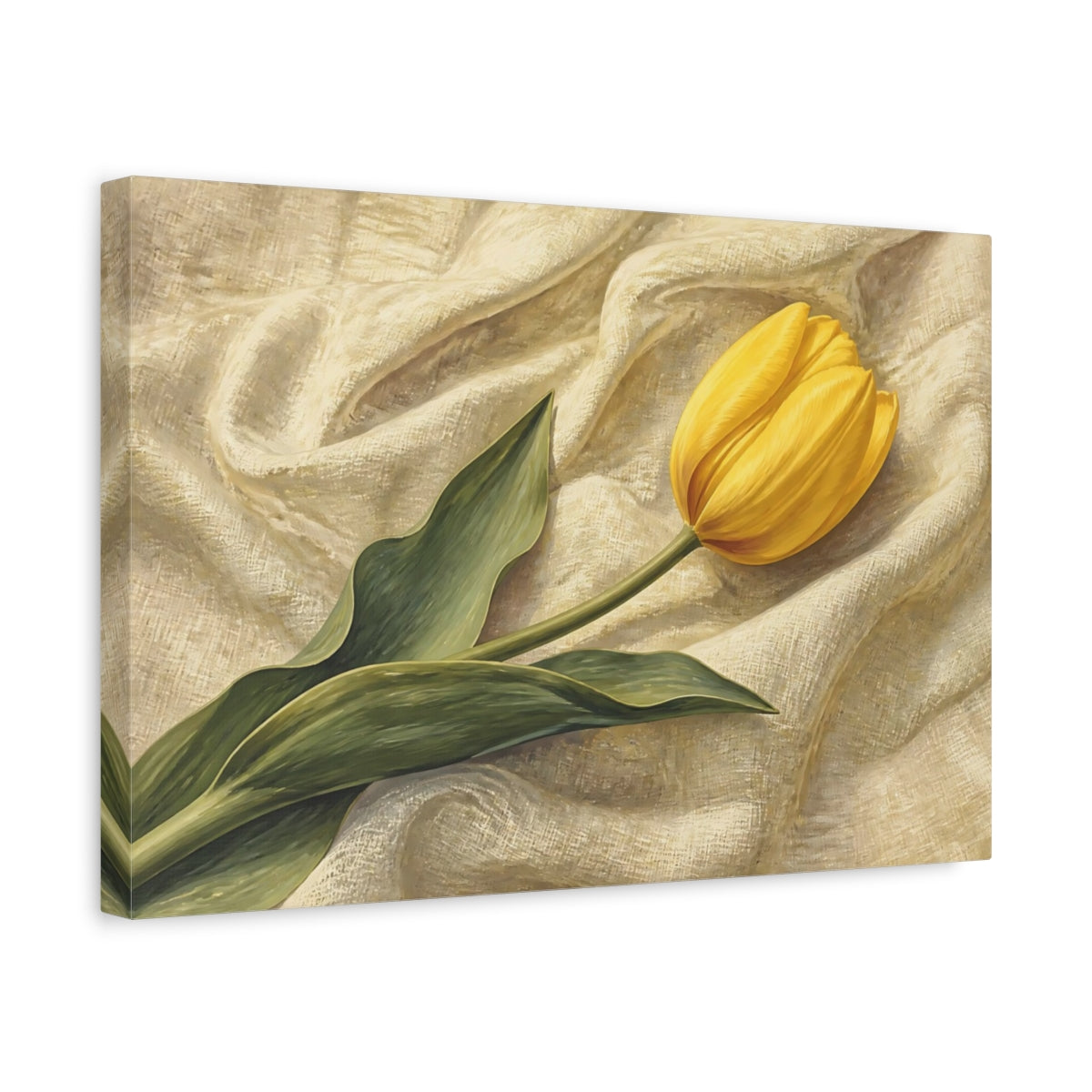 Side Mockup 4. Naturalist Gouache Illustration Single Yellow Tulip Against Linen Cloth shown as stretched canvas wall art