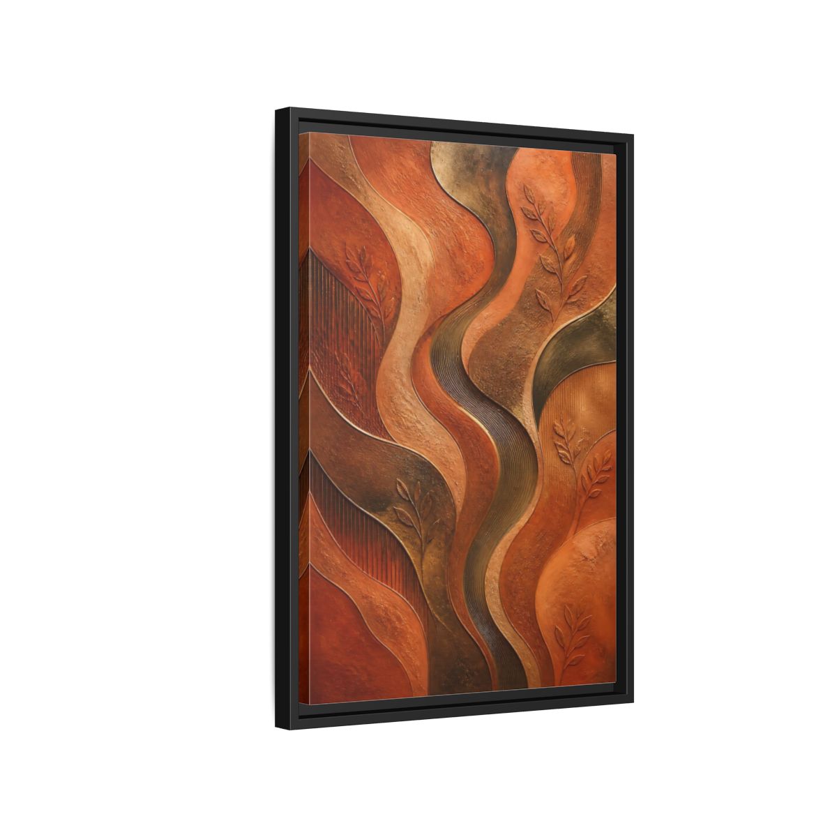 Side Mockup 3. Nature Abstract Foliage Bronze And Terracotta shown as stretched canvas wall art