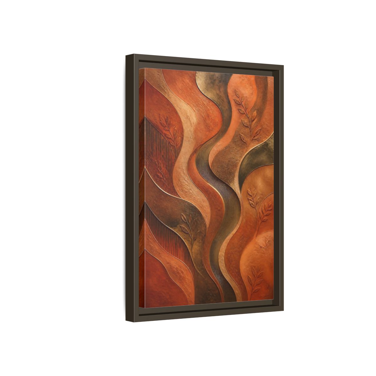 Side Mockup 5. Nature Abstract Foliage Bronze And Terracotta shown as stretched canvas wall art